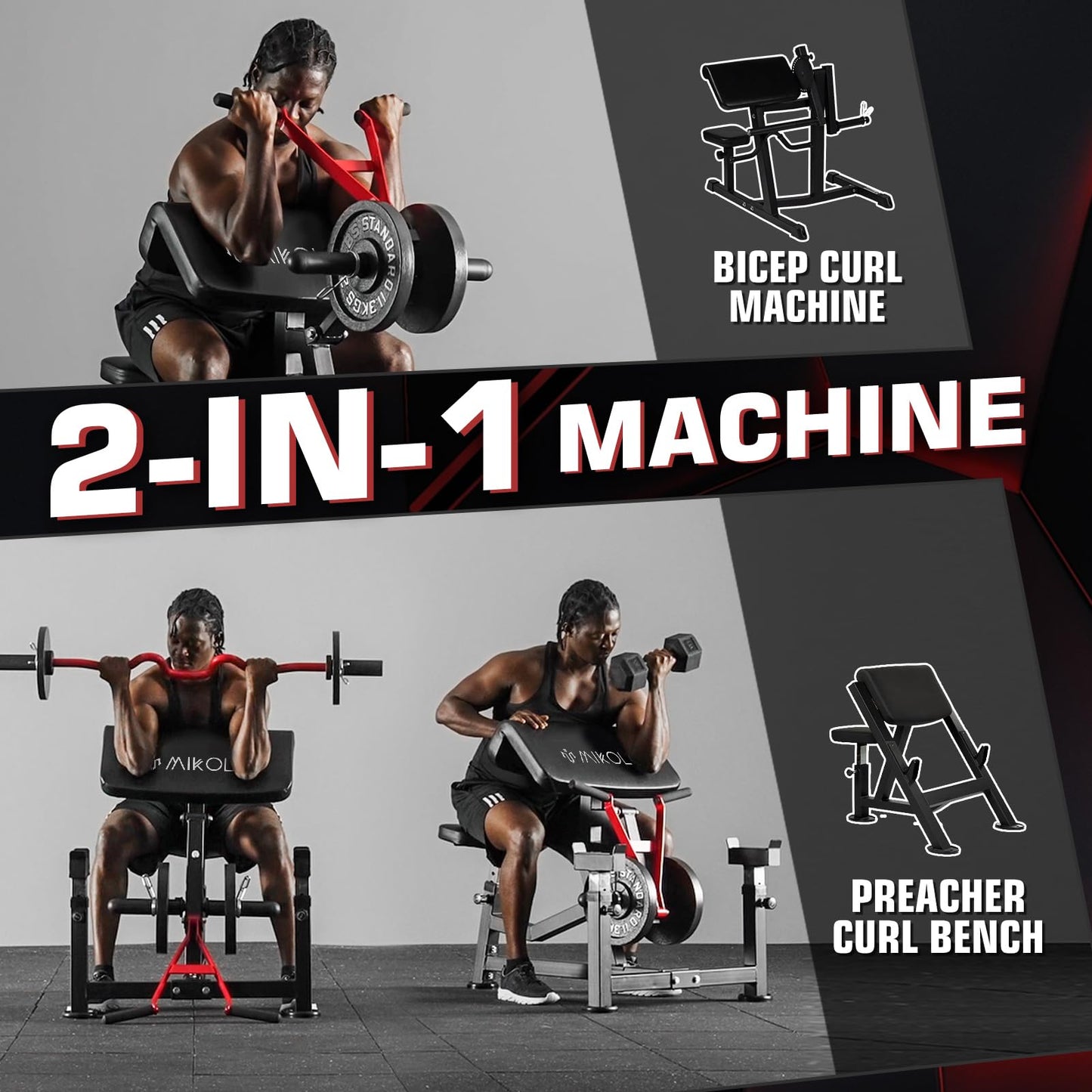 Mikolo Preacher Curl Bench, Plate Loaded Bicep Curl Machine, Bicep and Tricep Workout Equipment，2 in 1 Arm Training Machine for Home Gym