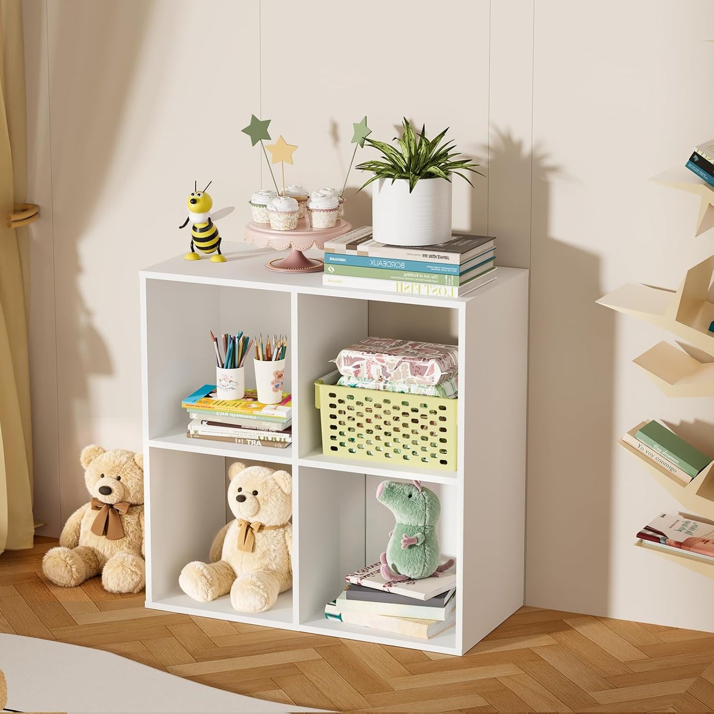 Skiennix 4-Cube Storage Organizer - Stylish Freestanding Bookcase for Bedroom & Home Office | White
