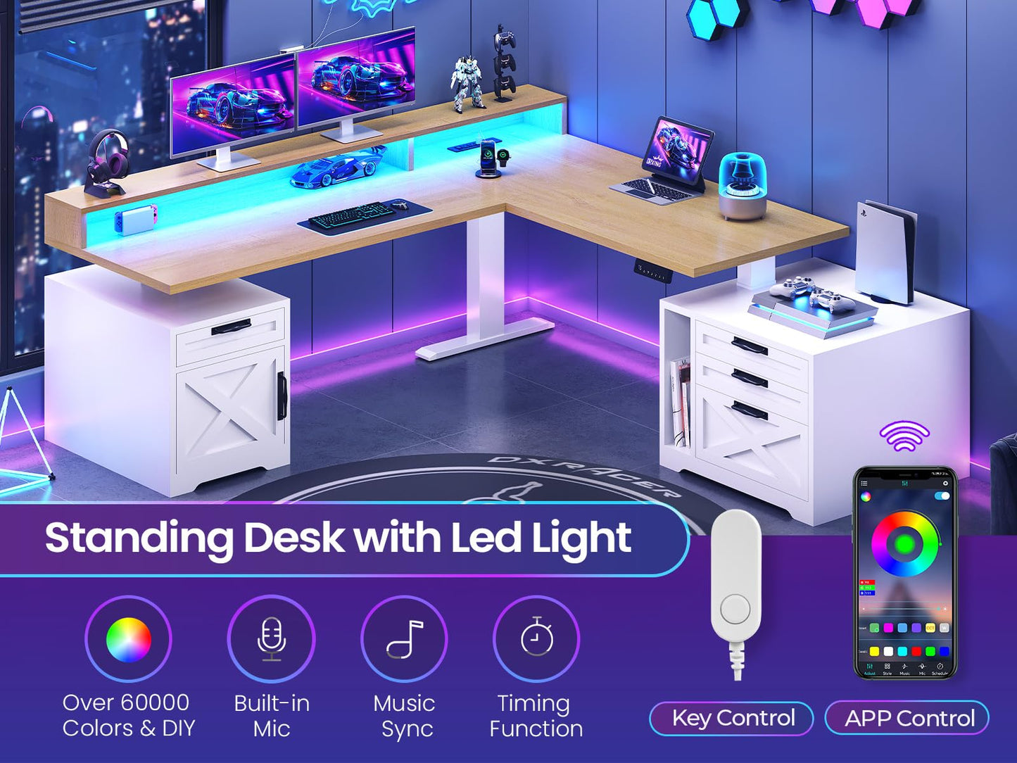 SEDETA Farmhouse L Shaped Standing Desk, 70.1" x 73.2" Height Adjustable Home Office Executive Desk with Drawers, Power Outlet, Monitor Stand, Sit Stand Table with Led Lights for Home Office, Oak