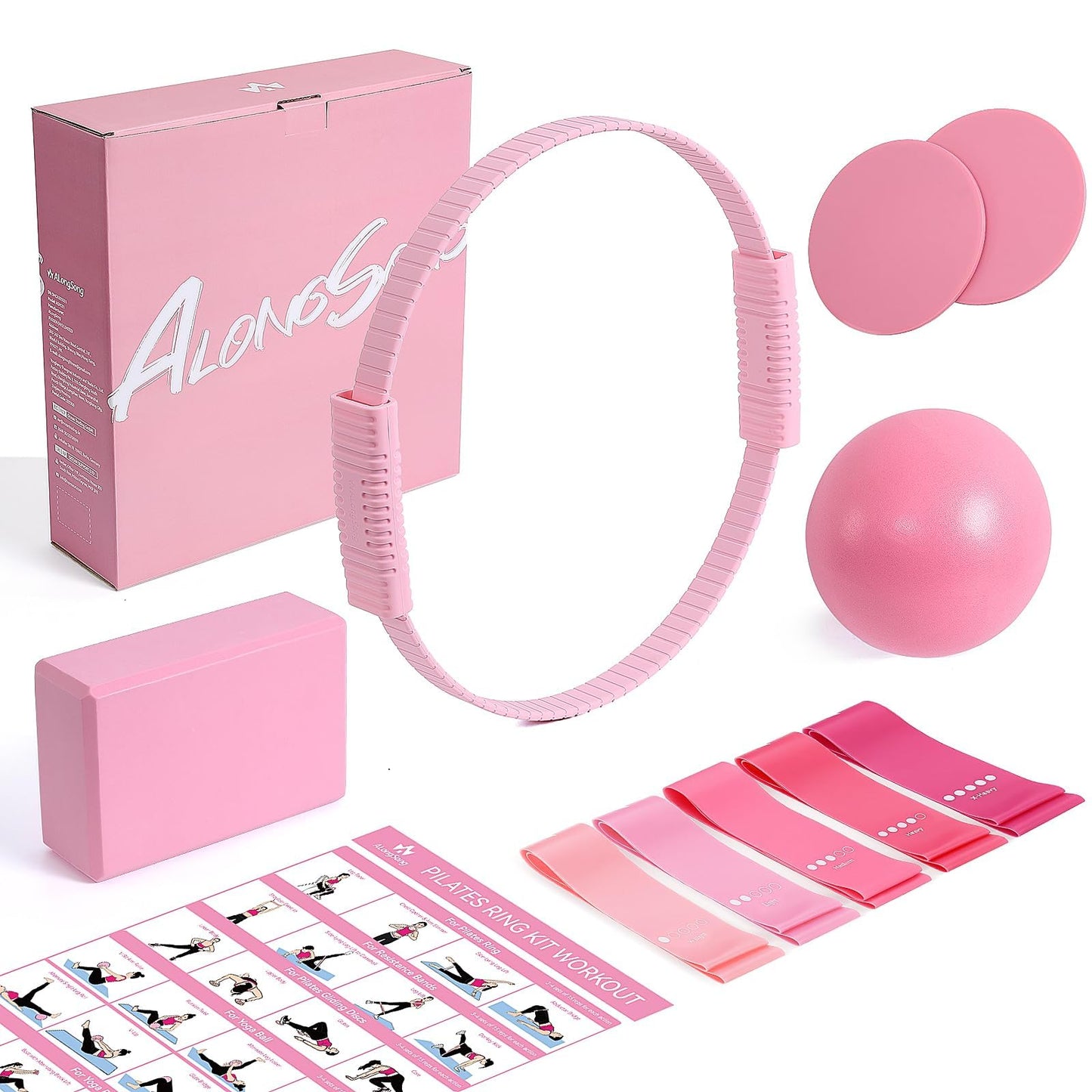 ALongSong Pilates Kit for Women, 13.7in Silicone Pilates Ring with Pilates Ball, 5 Resistance Bands, 1 Pilates Block, 2 Core Sliders, Guide for Full Body Home Workouts