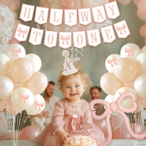 Half Birthday Decorations for Baby Girl – Bow Birthday Hat, Half Way to One Banner, Bow Balloons, 1/2 Cake Topper, 6 Months Party Supplies