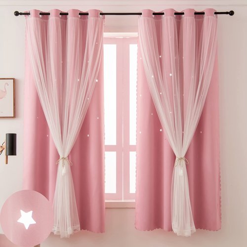 Ftinala Pink Blackout Curtains for Girls Bedroom Cute - Aesthetic Star Cutout Double Layer with Sheer Overlay, 63 Inch Length 1 Panel Baby Nursery Curtains Kids Room Decor Drapes