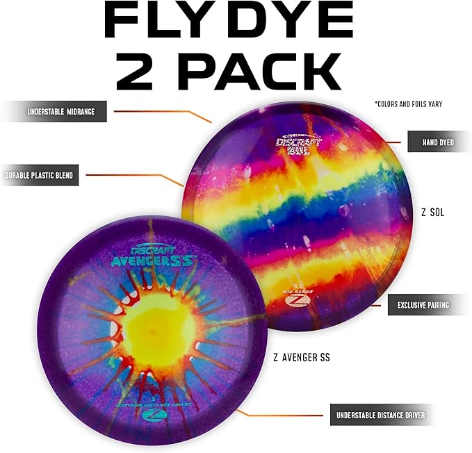 Discraft Z Fly-Dye Two Pack – Disc Golf Set | Buzzz & Nuke SS | Zone & Raptor | Sol & Avenger SS | Perfect for Men, Women, and Kids | Disc Weight, Color & Foil Will Vary