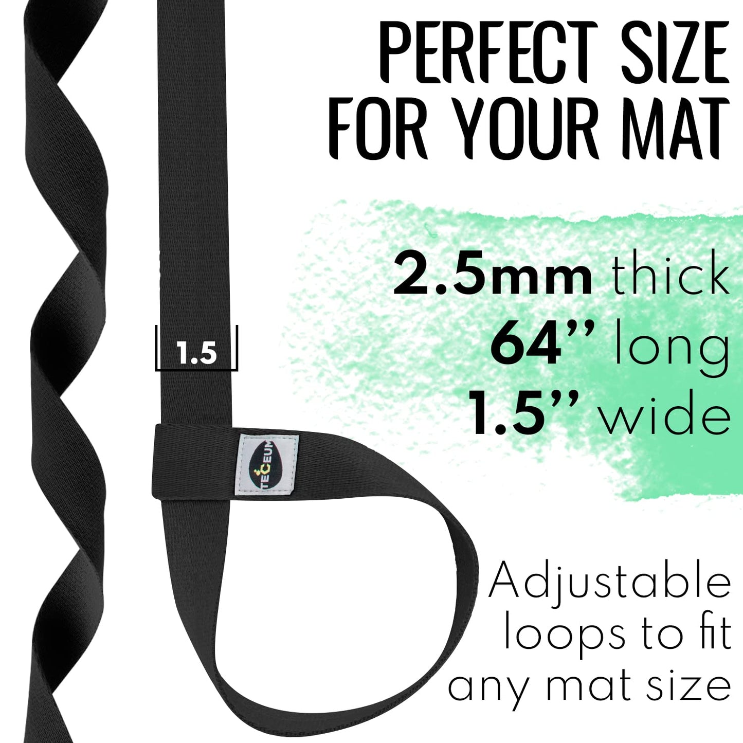 TECEUM Yoga Mat Strap – Black & 30+ Colors – Adjustable Mat Holder Sling Career for All Mats [Mat Not Included]
