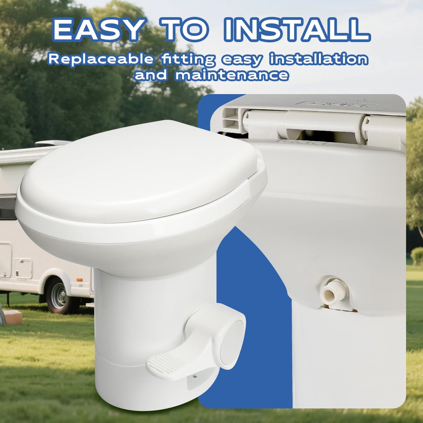 Gravity Flush RV Toilet, White, ABS Plastic with Foot Pedal Flush Mechanism, Standard Height, RV-Specific Model