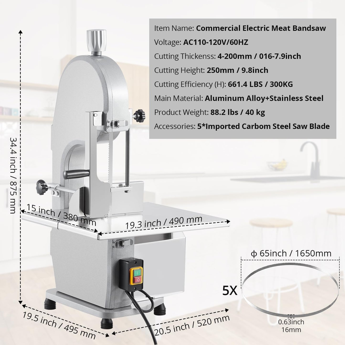 1100W Commercial Electric Bone Saw Machine, Frozen Meat & Bone Cutter with 5 Saw Blades, Adjustable 0.16-7.09 Inch Thickness, 19.3"x15" Stainless Work Table for Butcher Shops, Restaurants, Supermarket