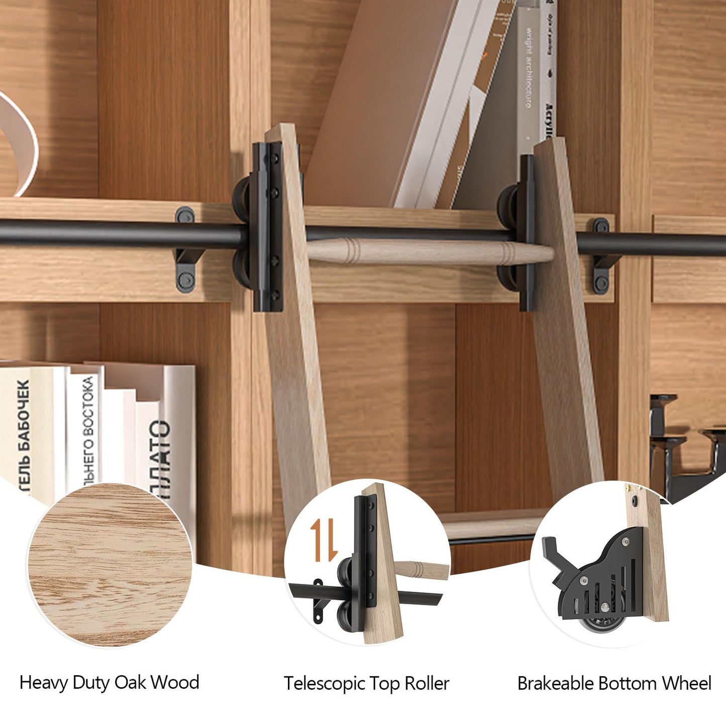 LKCBITION 87inch Heavy Duty Oak Wood Ladder with 4ft Telescoping Top Rollers & Bottom Brake Wheels Sliding Hardware, Rolling Library Ladder for Loft, Attic, Bookshelf