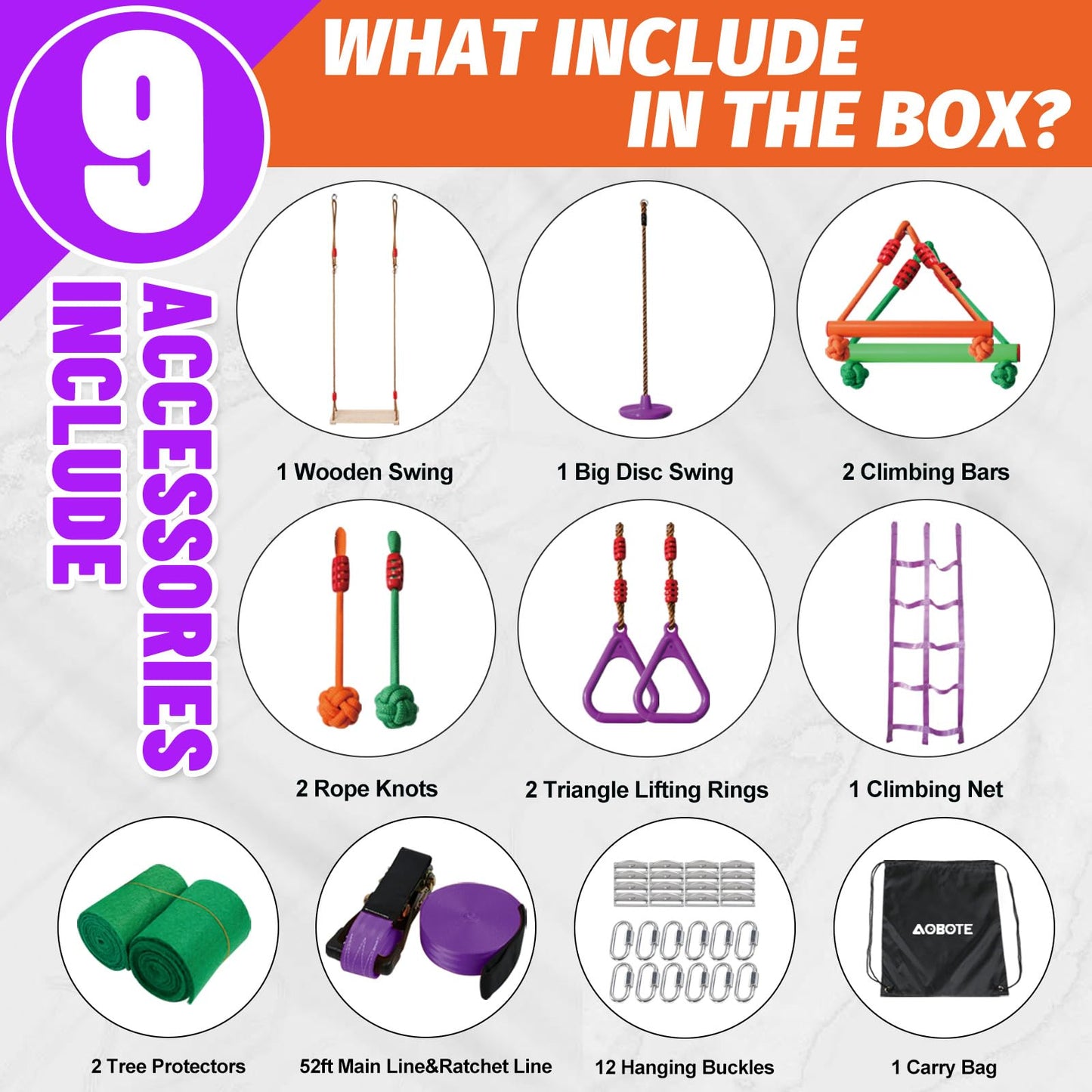AOBOTE Ninja Warrior Obstacle Course for Kids-Slackline 52ft with 9 Accessries,Awing Seat,Climbing Net,Monkey Bar -Obstacle Course Outdoor-Playset Equipment for Girls & Boys