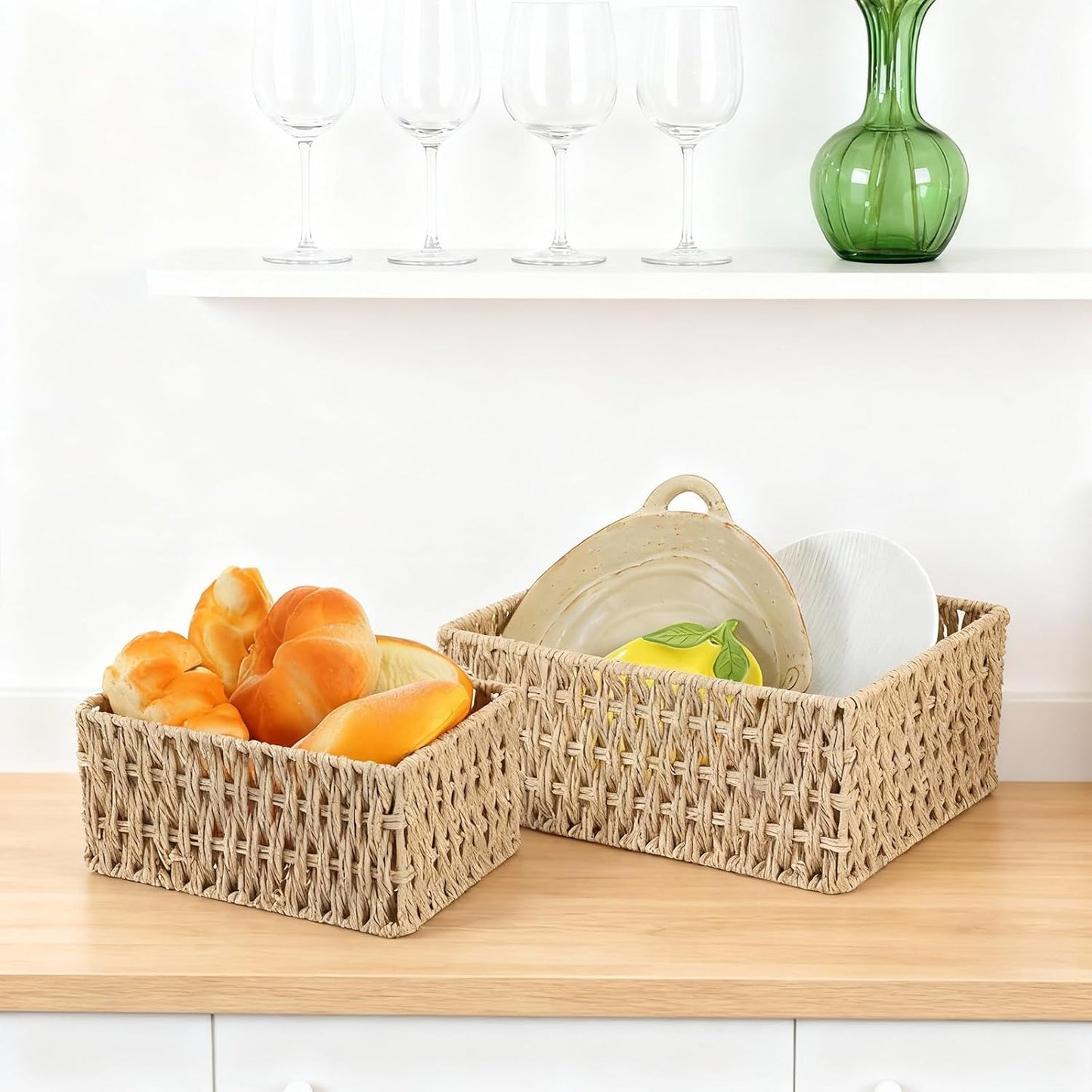 Skiennix Wicker Baskets - Hand-Woven Organizing Baskets for Bathroom | 3 Pack Toilet Paper Storage