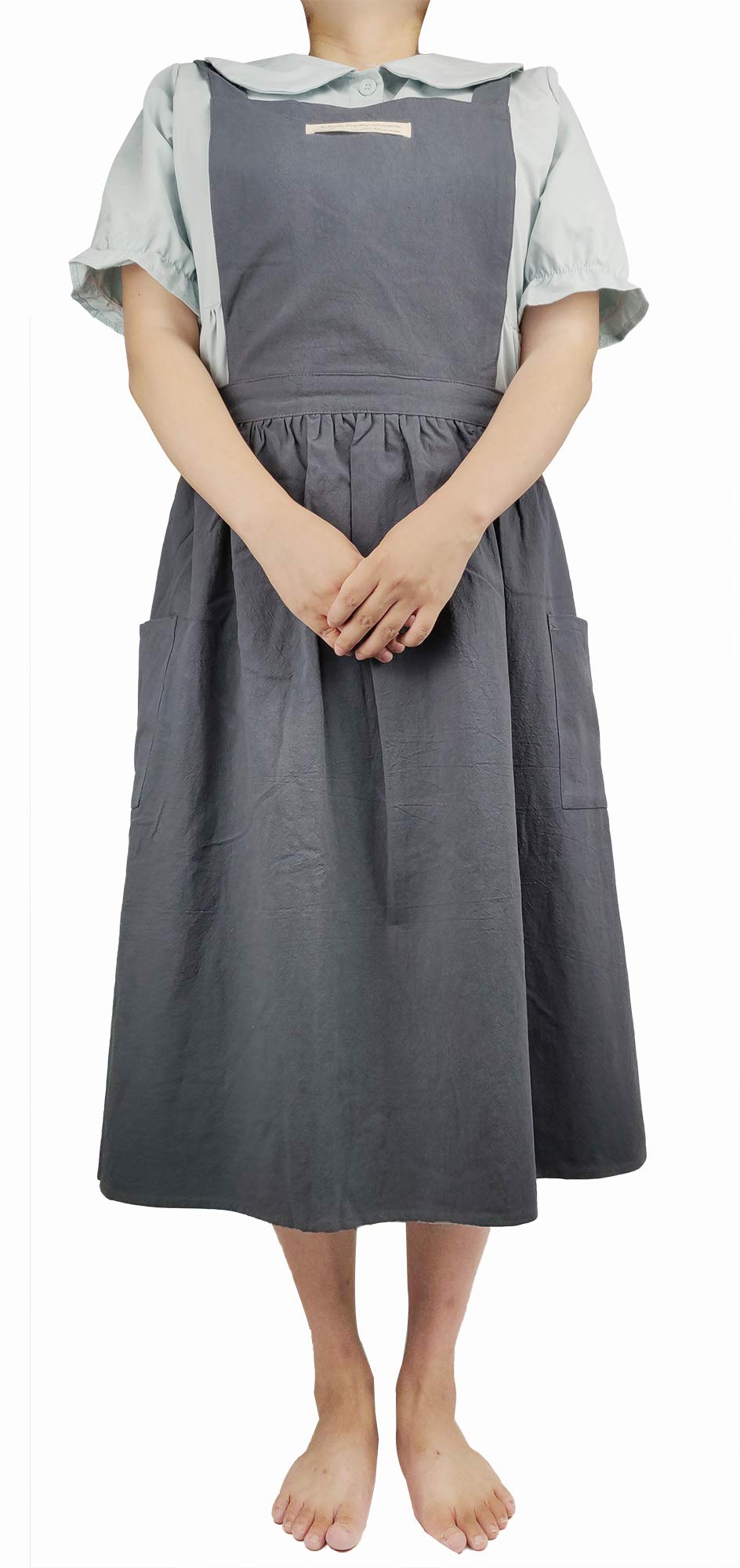 losofar Women Girls Vintage Apron Adjustable Gardening Works Cross Back Cotton/Linen Blend Aprons Pinafore Dress with Two Pockets (greengrey, 39"x 59")