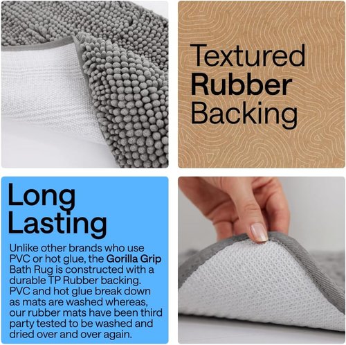GORILLA GRIP Plush Chenille Bath Rug Mat - Soft Microfiber for Square Toilet Base | Machine Washable, Grey