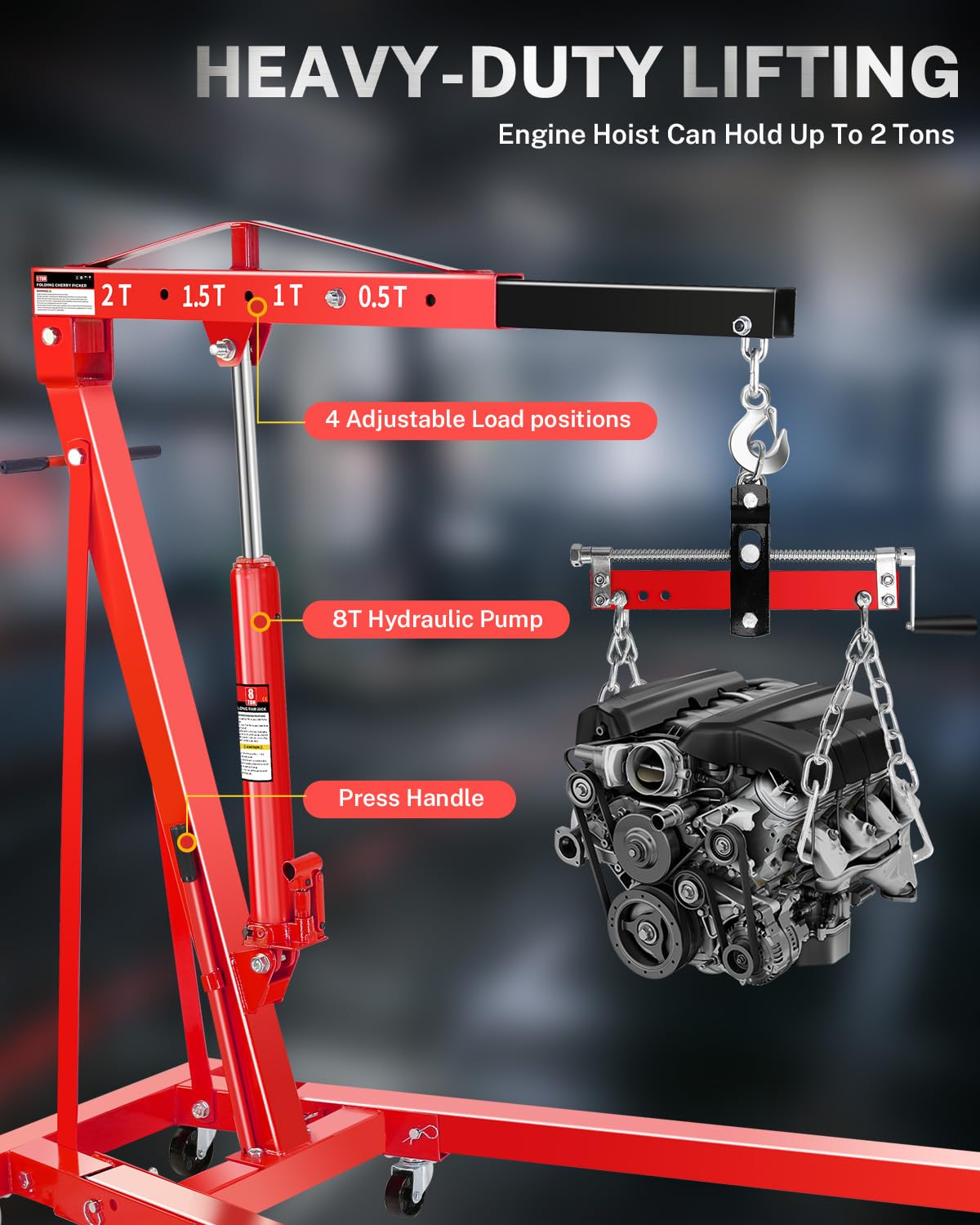 2 Ton Hydraulic Engine Hoist Crane with Lever, Folding Heavy-Duty Cherry Picker with 6 Locking Wheels & 4 Boom Positions, for Truck/SUV Engines, Garage Workshop, Industrial Lifting (Net Wt. 168 lbs)