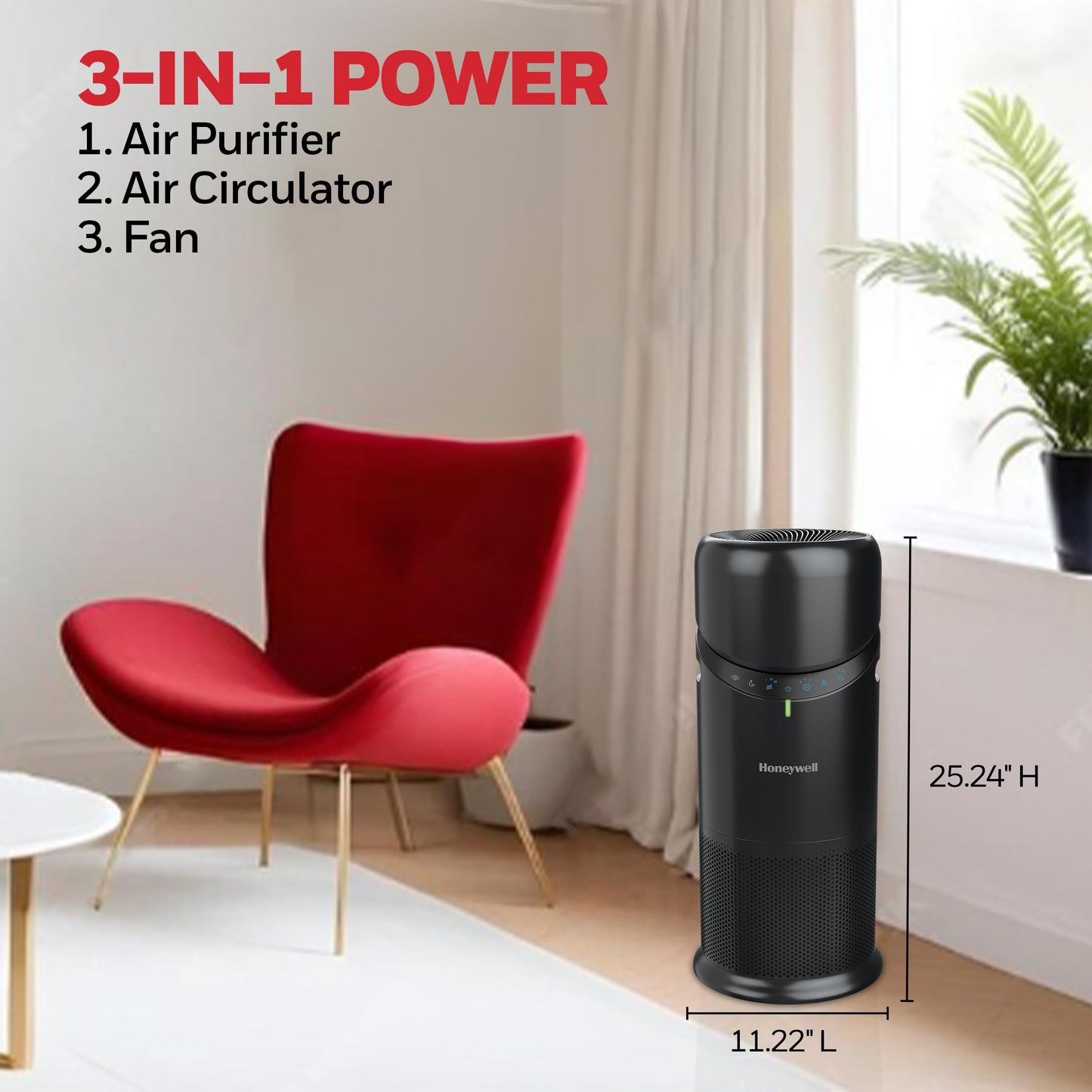 Honeywell Allergen Plus™ 3-in-1 HEPA Air Purifier for Home, Fan & Adjustable Airflow for Large Rooms up to 1928 Ft², Air Quality Sensor, Reduces Allergens, Pet Dander & Odors, Black, HPA6000B