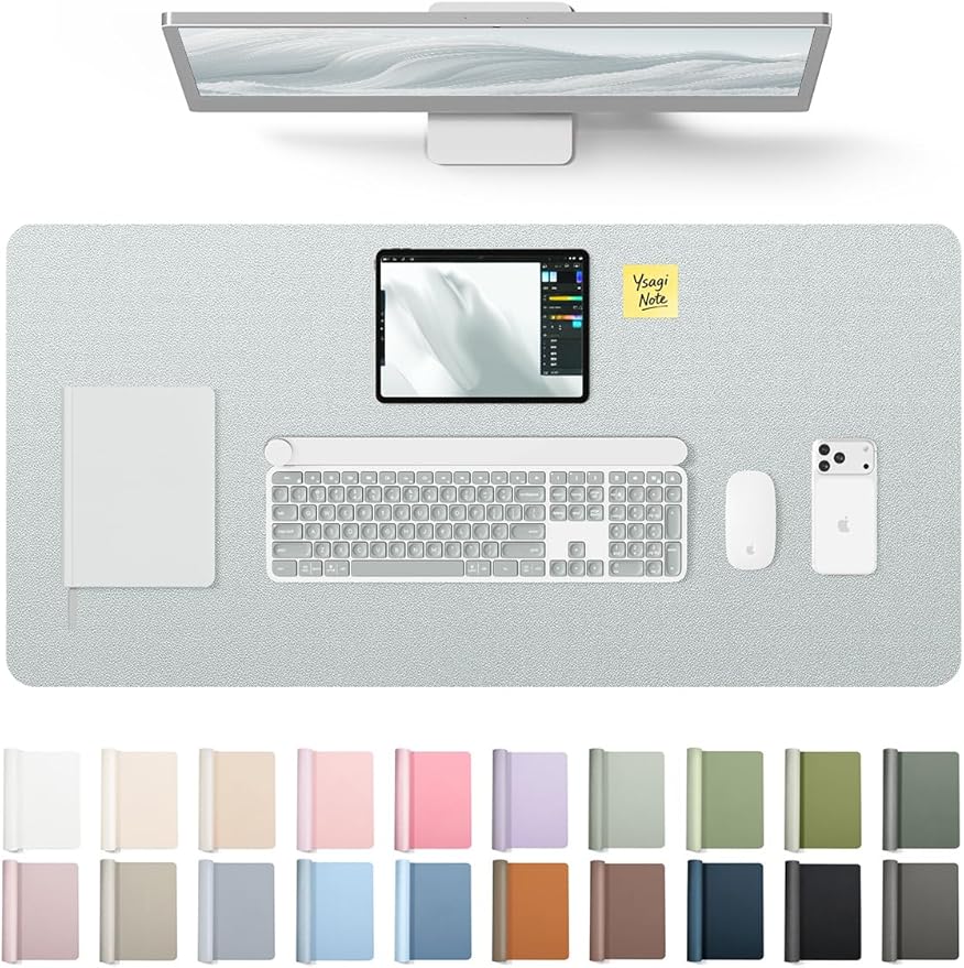 YSAGi Leather Desk Pad Protector, Office Desk Mat, Large Mouse Pad, Non-Slip PU Leather Desk Blotter, Laptop Desk Pad, Waterproof Desk Writing Pad for Office and Home (Silver, 35.4" x 17")