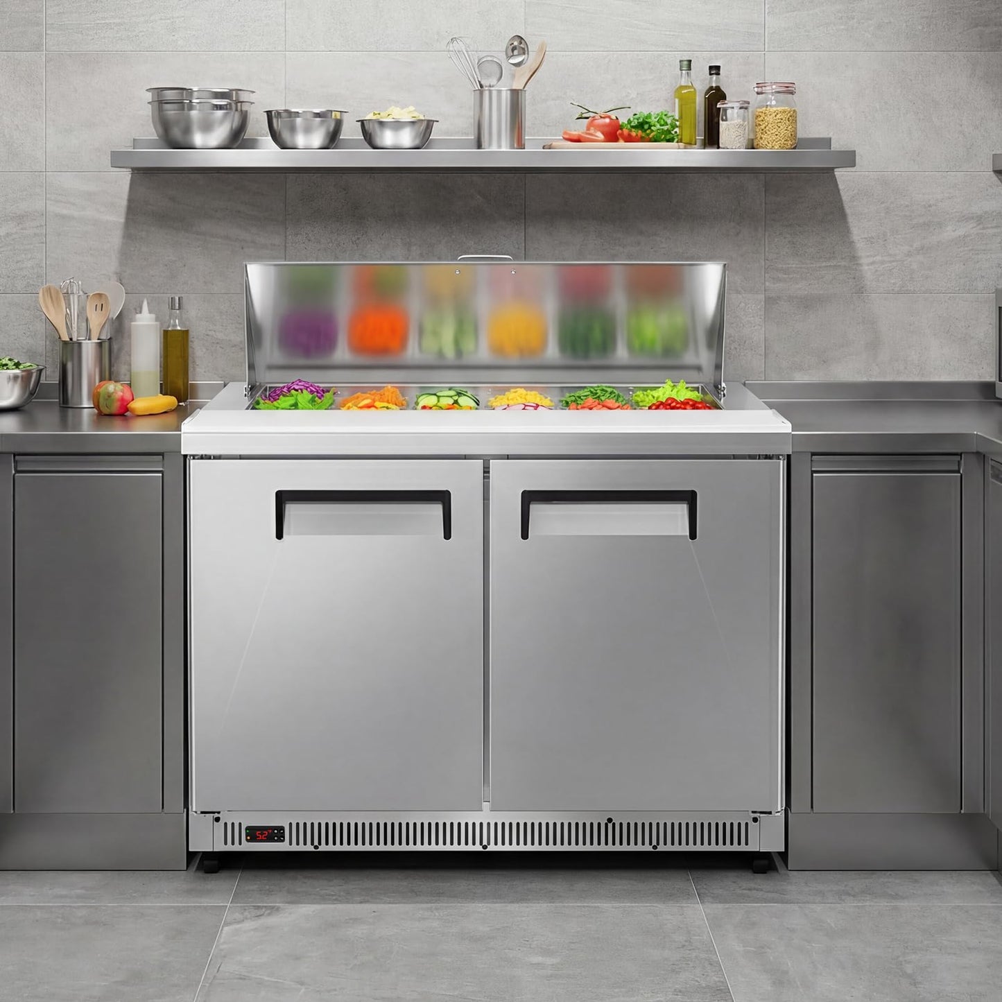 Tylza 48" Commercial Refrigerator, 12.7 Cu.Ft Sandwich Salad Prep Table, Mega Top Worktop Fridge w/ 12 Pans & Cutting Board, 2-Door Stainless Steel Salad Prep Cooler for Restaurant & Food Truck