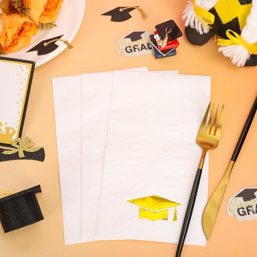 FYSUIMU Graduation Cap Napkins - 50 Pcs Gold Foil Tassel Design for College Party & Dinner