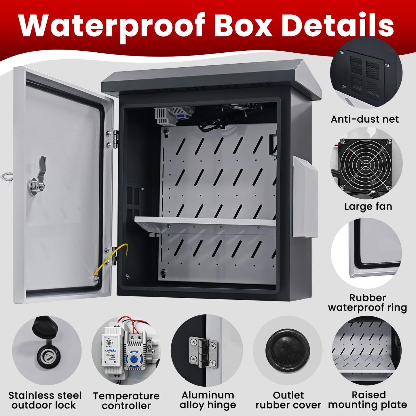 Outdoor Electrical Box with Fan and Thermostat,Weatherproof Electrical Enclosure with Dual Air Vents,Equipment Enclosure with Removable Mounting Plate,Wall/Pole Mounted (19.7" x 17.7" x 7.9")