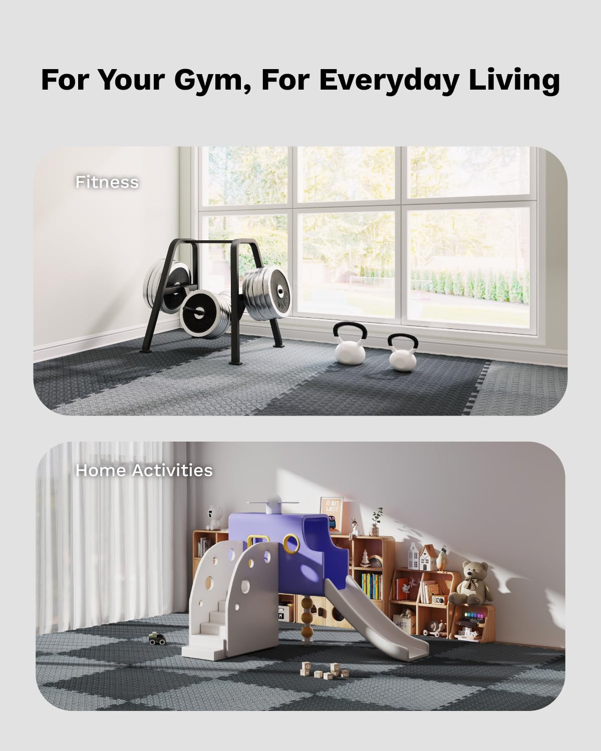 AIRHOP Upgraded 0.79" Extra Thick 48 Sq Ft High-Density Eva Foam Exercise Gym Mats, 12 Pcs Large Interlocking Puzzle Floor Tiles (24"x24") for Home Gym, Black&Gray