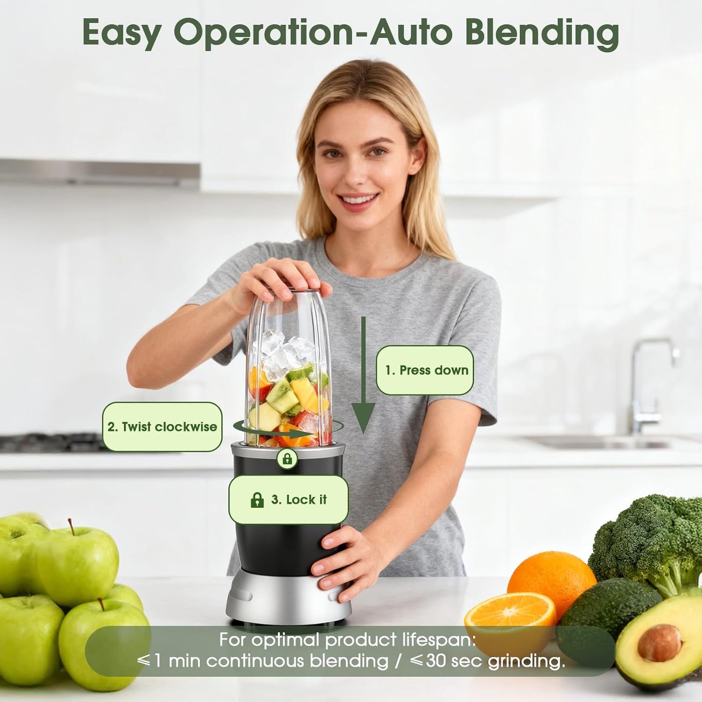 Smoothie Blender - 25000 RPM Portable Kitchen Blender with 37oz, 32oz & 23oz Cups | 2 Spout Lids & Resealable Lid