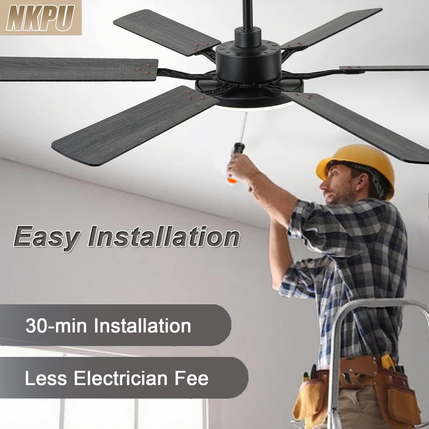 60 Inch Ceiling Fans with Lights, Large Modern Black Ceiling Fan with Light and Remote Control, 6 Double Sided Blades, 6 Speed Reversible Motor, Dimmable LED, Silent Timing, Indoor Outdoor Patio Use