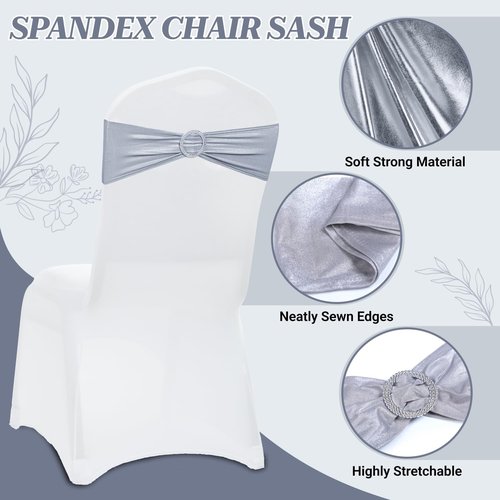 MDS Spandex Foil Chair Sashes - Universal Elastic Stretch Bands with Buckle for Weddings | Metallic Silver, Pack of 150