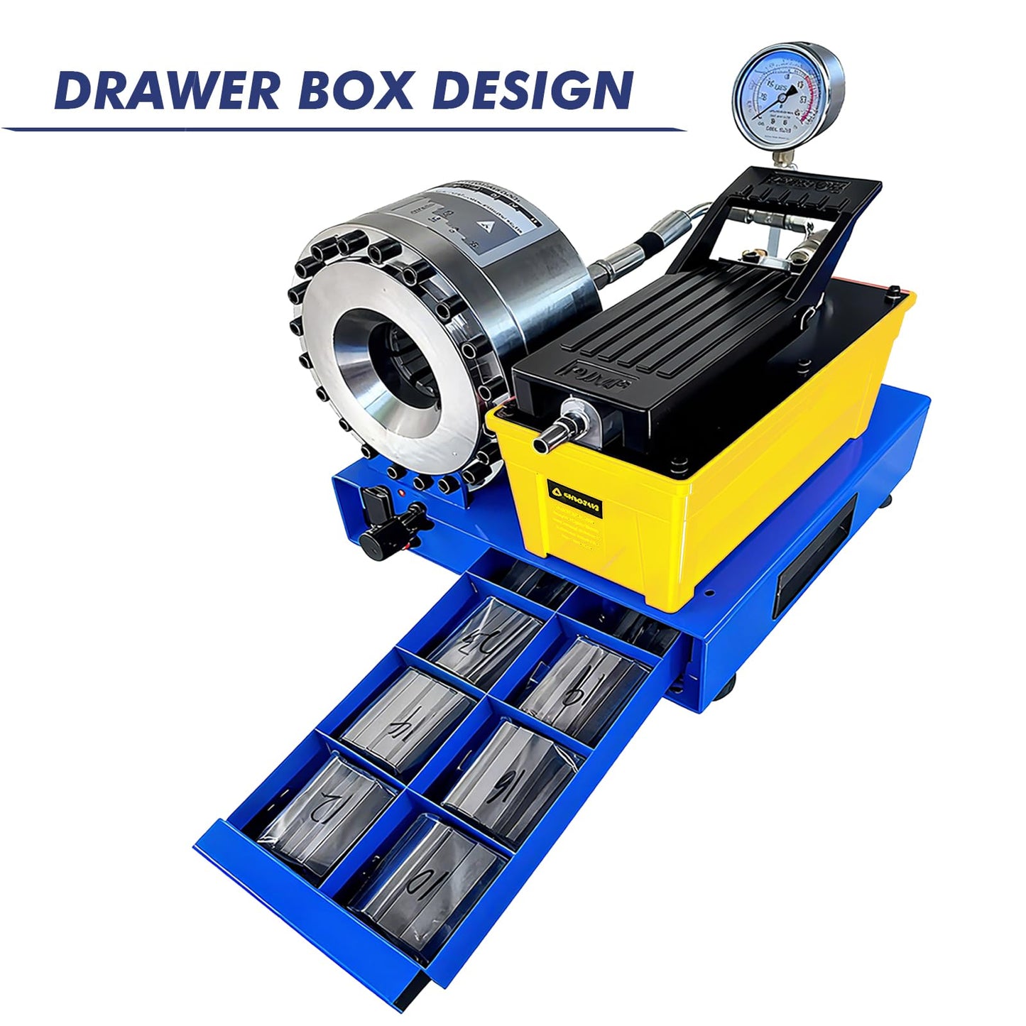 Pneumatic Hydraulic Hose Crimping Machine with 8 Sets of Dies, 40MPa System Pressure, suitable for high-pressure hydraulic hoses and pipes (Plastic Pump Casing)