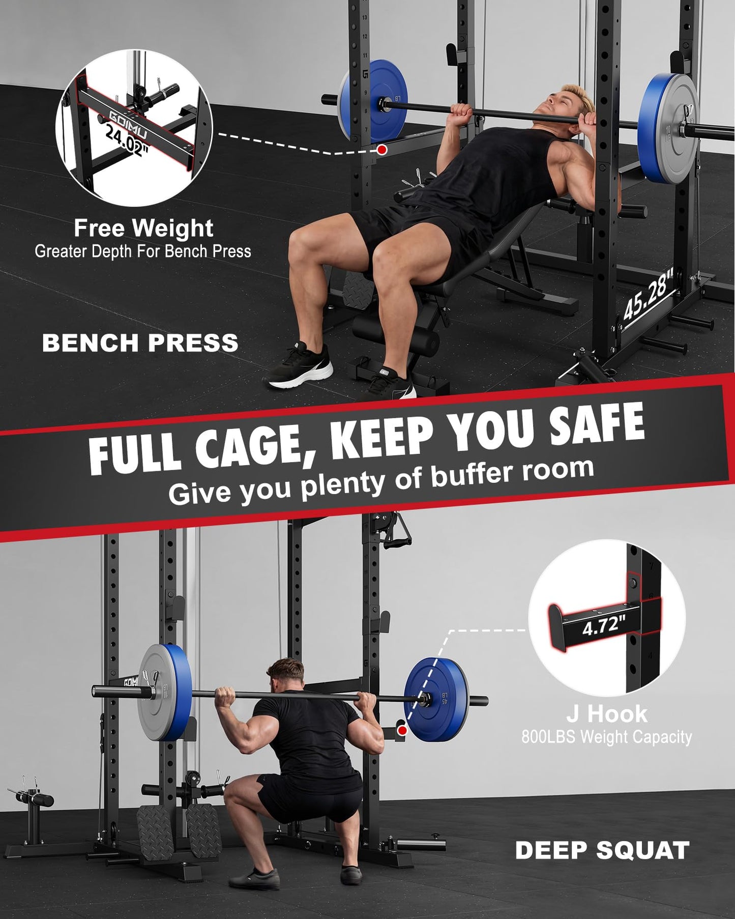 GOIMU RH01 Power Cage Rack, 2000LBS Squat Rack with with Cable Crossover System&LAT Pull Down System, Multi-Function Workout Cage for Home&Garage Gym (Black, RH01 Power Cage)