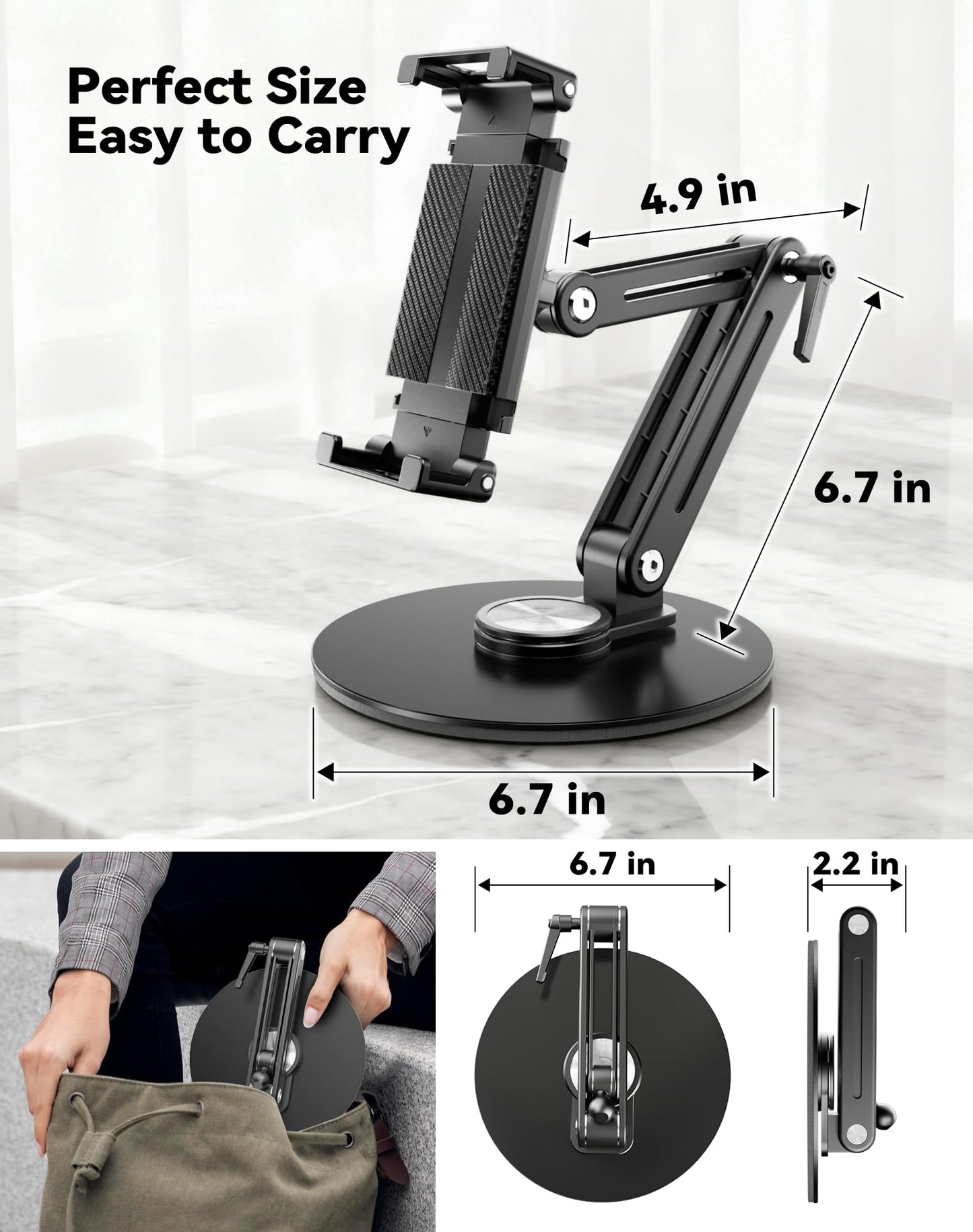 Portable Monitor Stand Large Clamp - Heavy Duty Aluminum Body supports up to 4.4 lbs 16" 17.3" 18.5 inch 360° Rotating Base Swivel Foldable Desk Stand for iPad Holder Tablet Mount for Kitchen/Travel