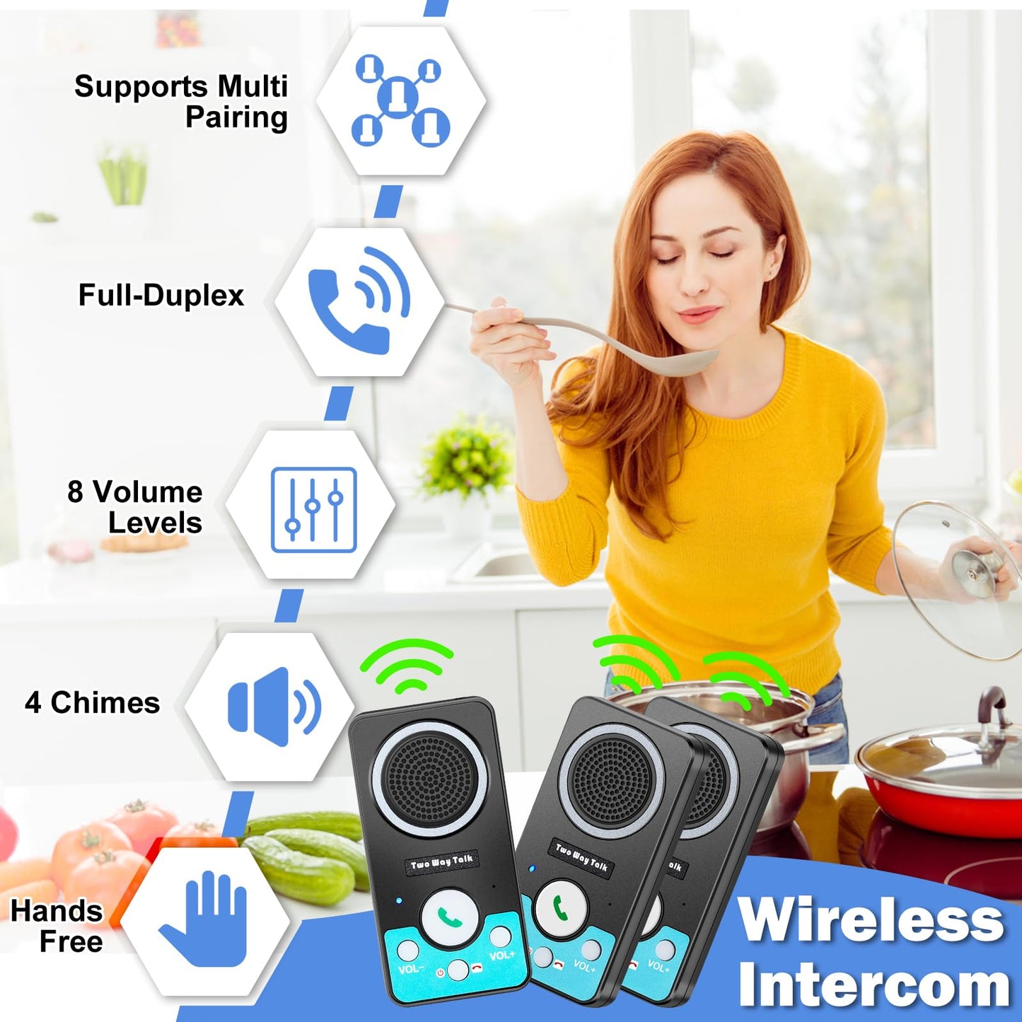 UHAXZ Intercoms Wireless for Home, Hands-Free Wireless Intercom, Long Range, 8 Volume Levels, 4 Chime Full Duplex 2 Way Intercoms System for House, Business(3 Intercoms Black)