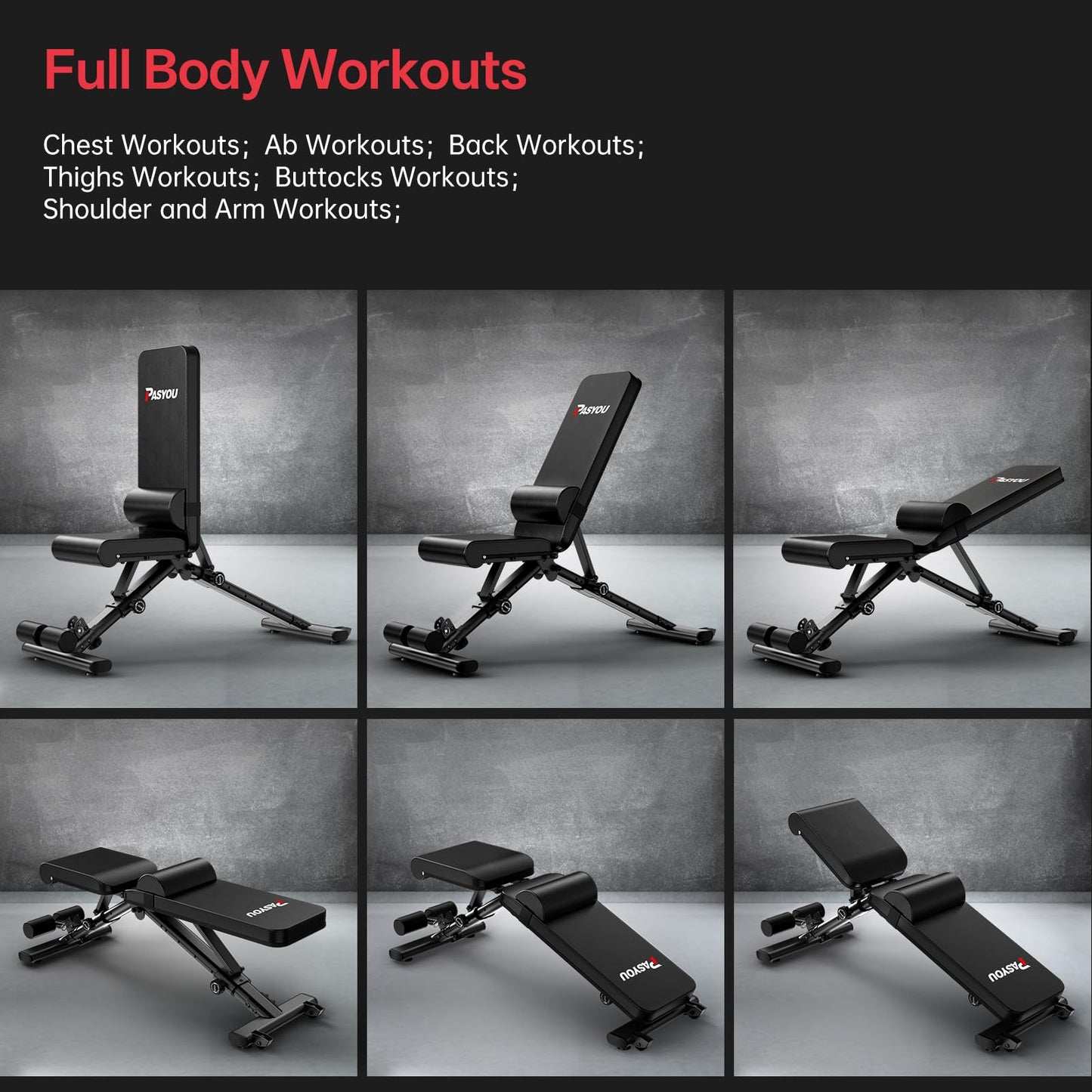 PASYOU Adjustable Weight Bench for Home Gym, Foldable Strength Training Bench with 880 lb Capacity, Incline Decline Flat Positions with Lumbar Support, Compact Workout Bench for Small Spaces