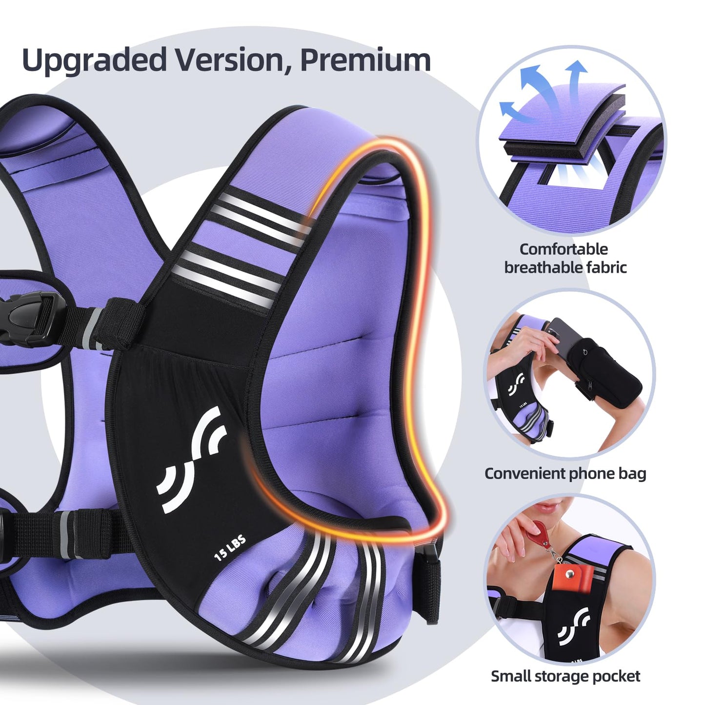 Sportneer Weighted Vest for Women Men: 15lb Comfortable Weight Vest with Storage Pocket Reflective Stripe Rucking Vest for Walking Running Strength Training Fitness Weight Loss Weightlifting Purple