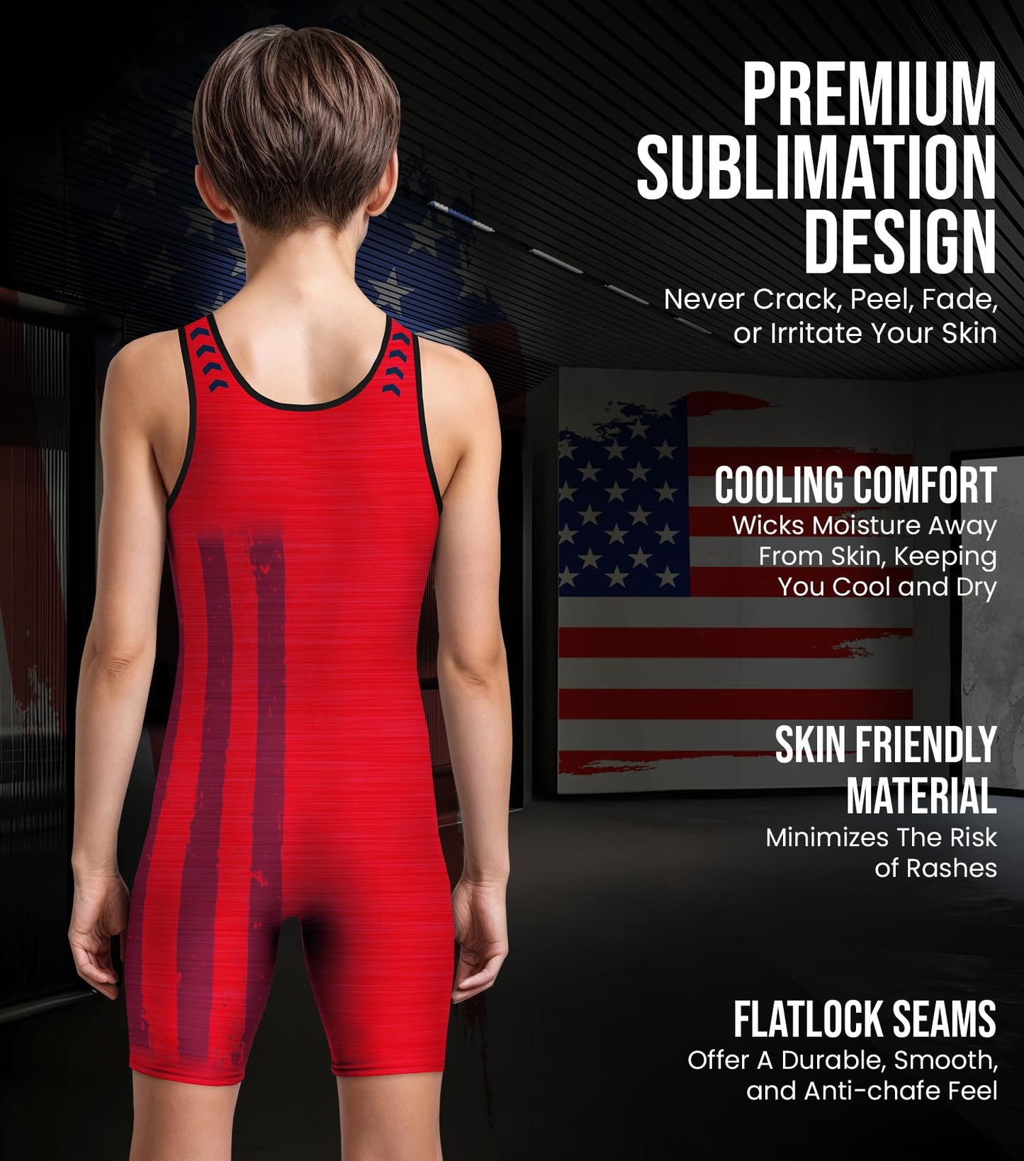 Exxact Sports Patriot Youth Wrestling Singlet For Boys, Premium Powerlifting Singlet, Kids Wrestling Singlets For Training (YL, Red)