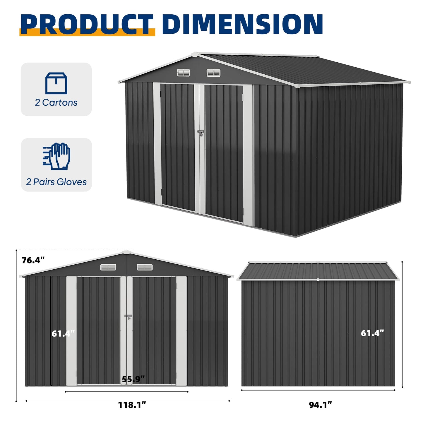 UDPATIO 10X8 FT Outdoor Storage Shed, Metal Steel All-Weather Resistant Garden Tool Shed with Sloped Roof & Lockable Door, Outside Heavy Duty Sheds for Bicycle in Patio Lawn, Garden, Backyard, Grey