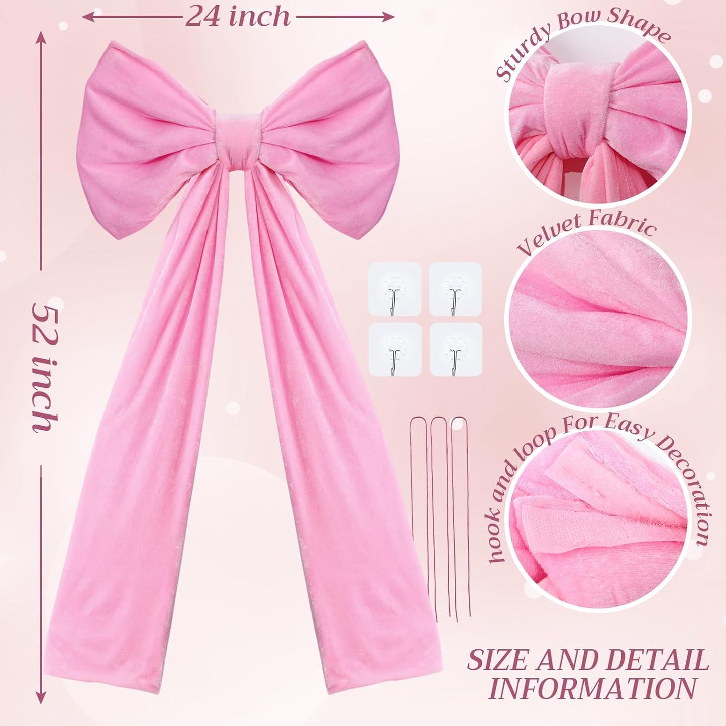 Skiennix Large Pink Velvet Bows - 24 x 52 Inch Christmas Tree Topper & Wedding Decor