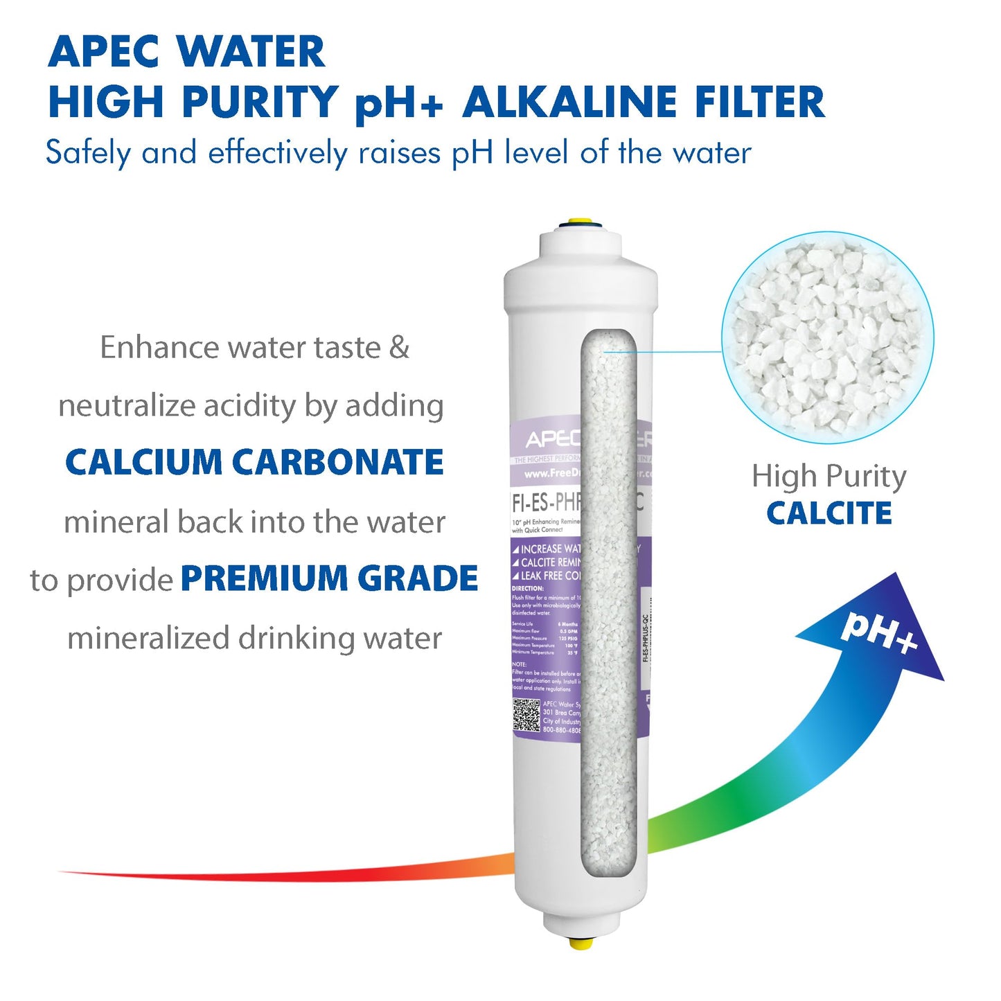 APEC Water Systems PHPLUSKIT-14 US MADE 10" Alkaline High Purity pH+ Calcium Carbonate Inline Filter Kit with 1/4" Quick Connect