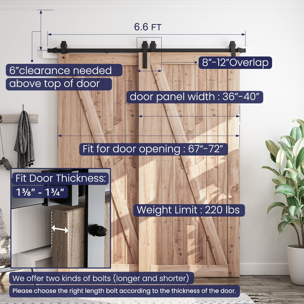 SMARTSTANDARD 6.6 Feet Bypass Sliding Barn Door Hardware Kit - for Double Wooden Doors-Single Track - Smoothly & Quietly - Easy to Install-Fit 67" Opening