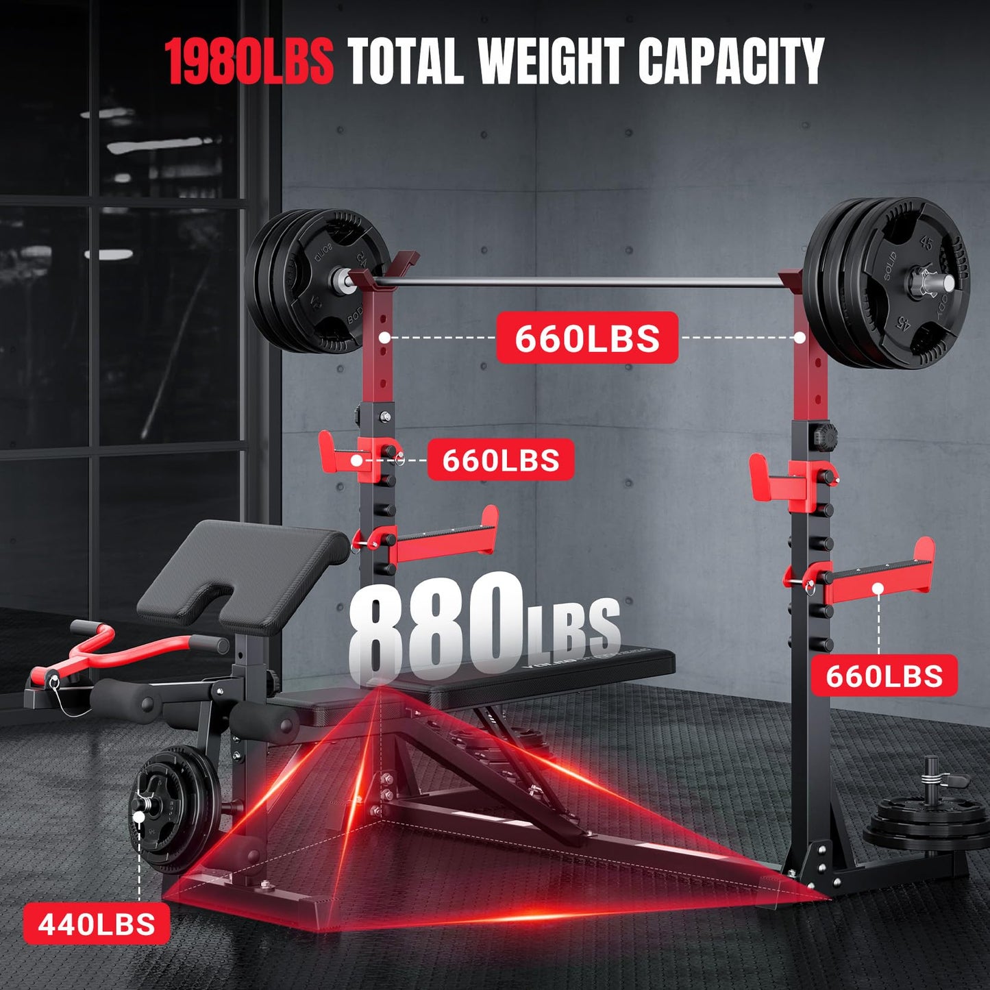 YOLEO 880LBS Weight Bench with Rack - Bench Press Set, Leg Extension, Preacher Curl & Flat/Incline/Decline Full Body Workout Bench, Adjustable Olympic Weight Benches for Home Gym(47.44IN WIDE GRIP) (1*Dumbbell+47.44“ Wide Grip)