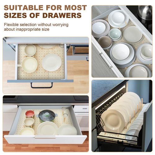 Kigley 3 Pcs Wood Pegboard Drawer Organizer with 32 Pegs Wooden Peg Board Drawer Shelf Organizer Adjustable Peg System for Dishes Plate Pot Container Cookware Utensil Kitchen(17 x 5.91 in)