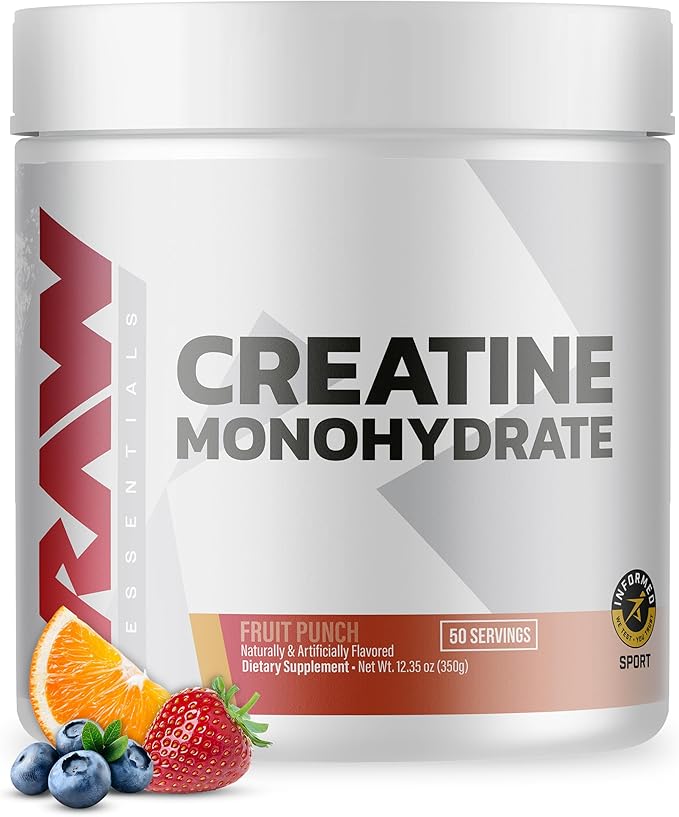 RAW Nutrition Creatine Monohydrate Powder, Fruit Punch (30 Servings) - Micronized Creatine Monohydrate Supplement for Workout Performance, Build Muscle & Strength - Creatine Powder for Men & Women