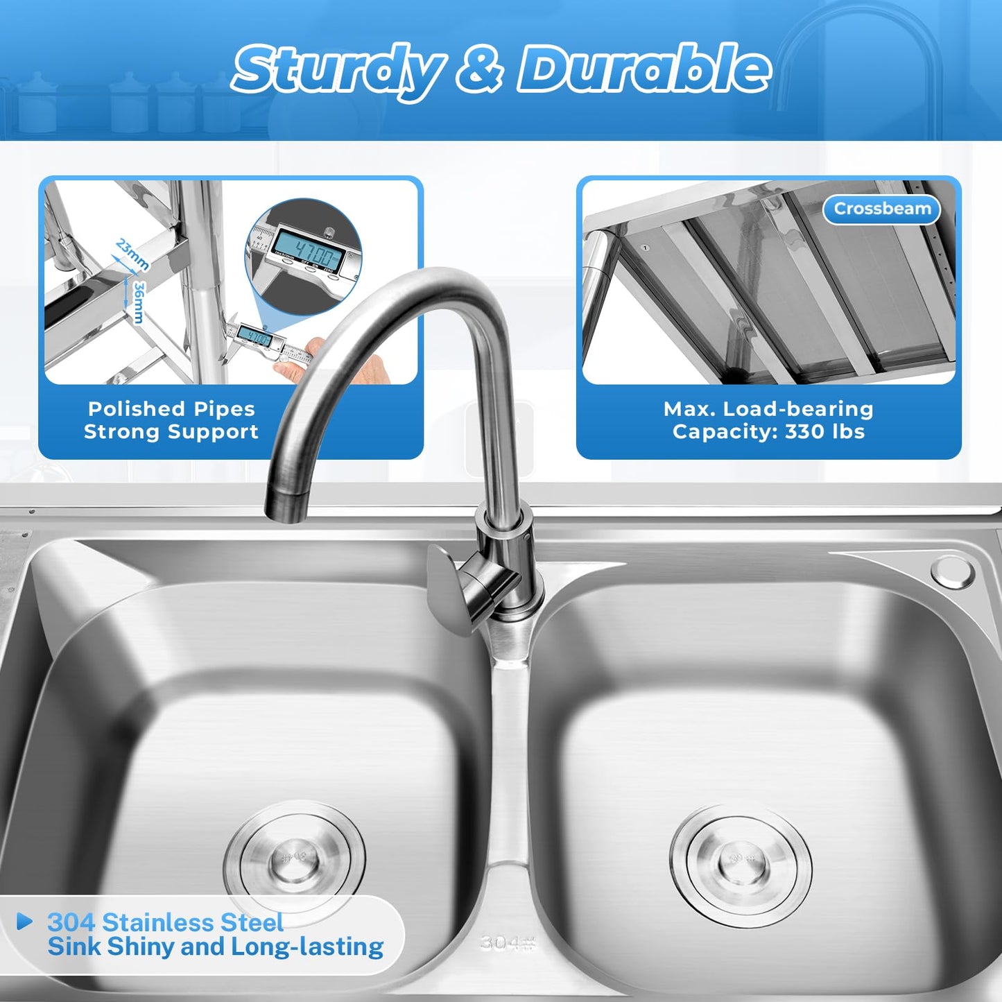 3 Compartment Commercial Grade Stainless Steel Utility Sink, Free Standing Laundry Tub with 2 Faucetse, 39x18x35.8 Inch Heavy Duty Kitchen Sink for Restaurant, Bar, Coffee Shop (2 Sink-2)