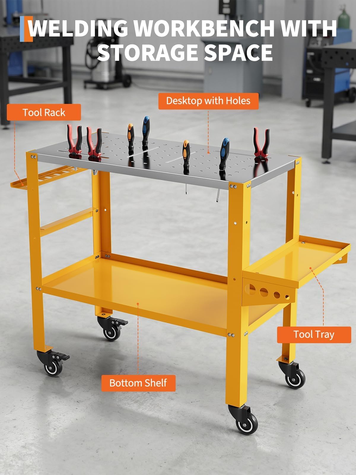 36 x 18 Inch Welding Table, 1200 lbs Capacity Welding Workbench Table with Lockable Wheels,Tool Rack & Tray, Tool Slots and 5/8" Fixture Holes for Garage, Yellow