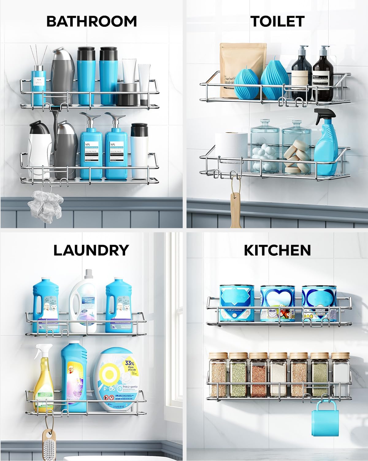 Nieifi Shower Caddy Shelf - Adhesive Stainless Steel Storage Rack with Hooks | 2 Pack for Bathroom & Kitchen