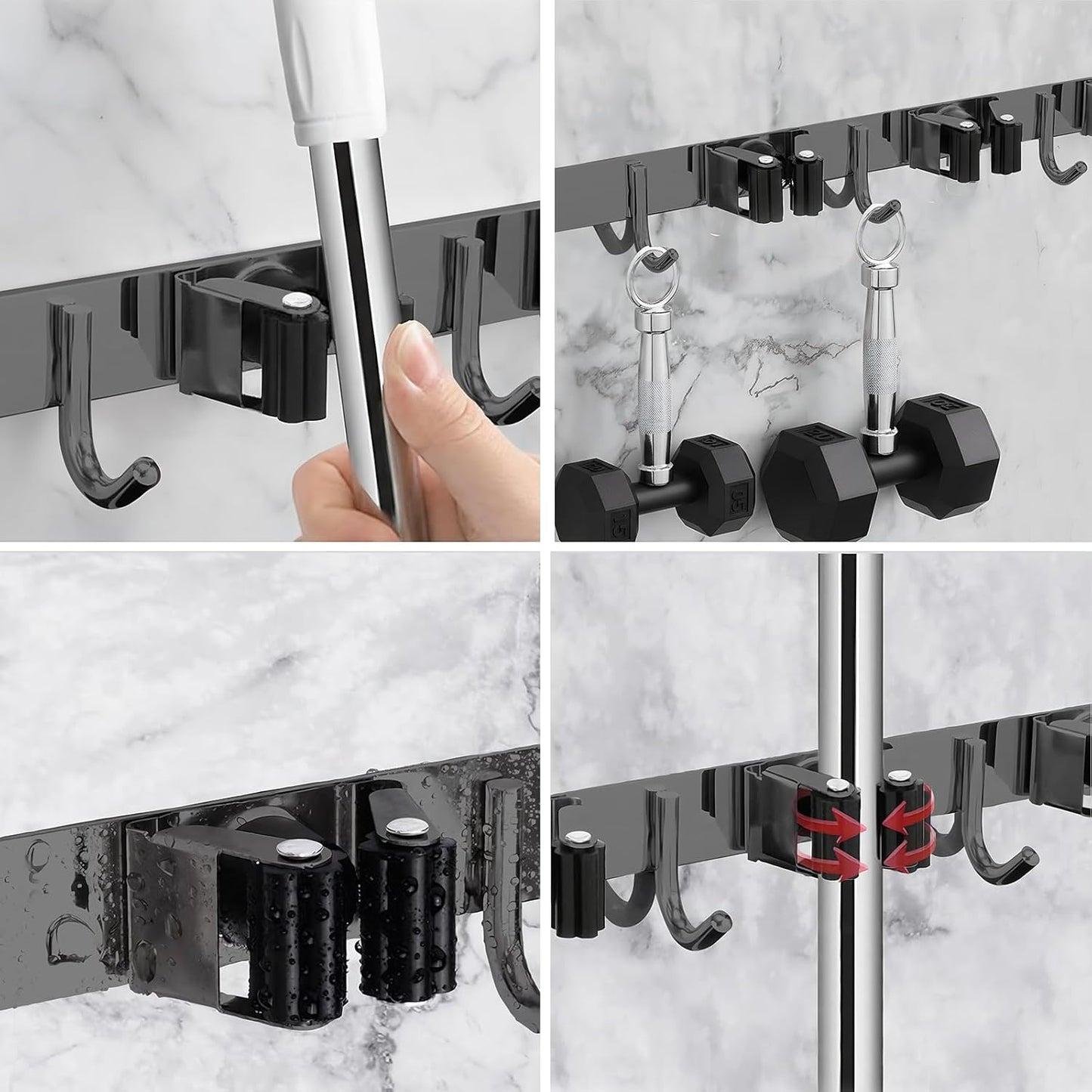 Skiennix Mop and Broom Holder - Heavy Duty Wall Mount Organizer with 5 Racks & 4 Hooks | Non-Slip, Self-Adhesive