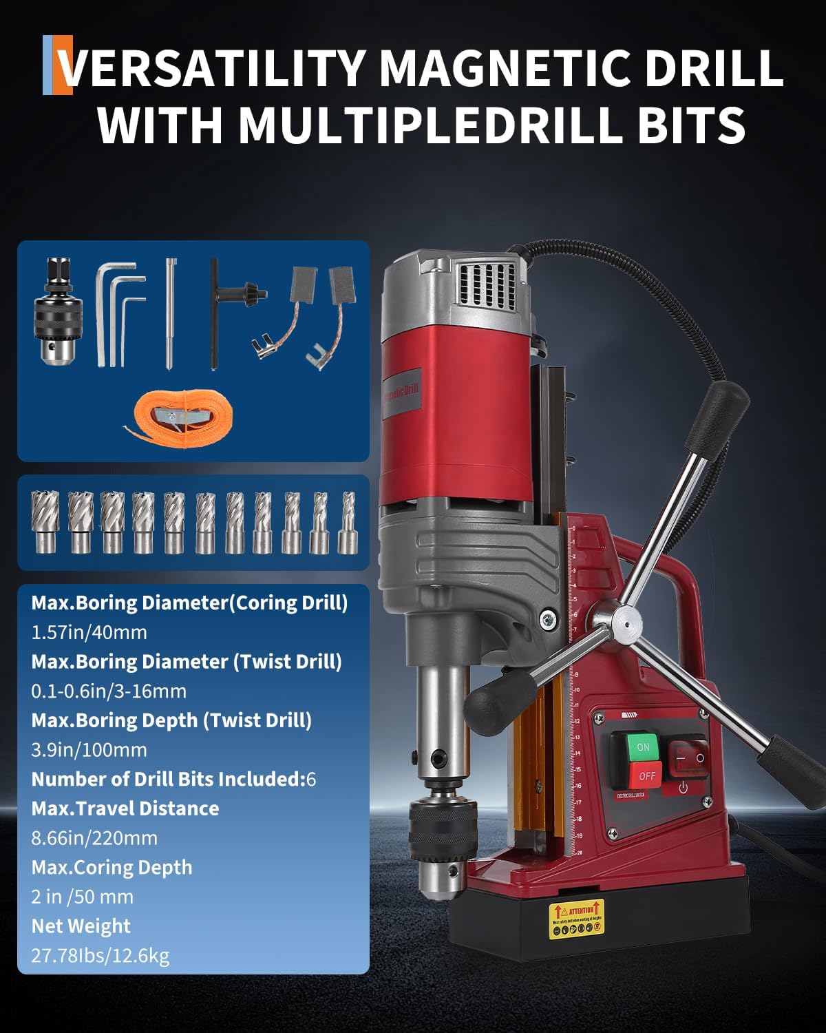 Portable Magnetic Drill Press, 1.57" Boring Diameter, 1450W Motor, 10-Speed, 820RPM, 13000N Magnetic Force, Precision Mag Drill for Steel & Metal, Twist Drill Adapter