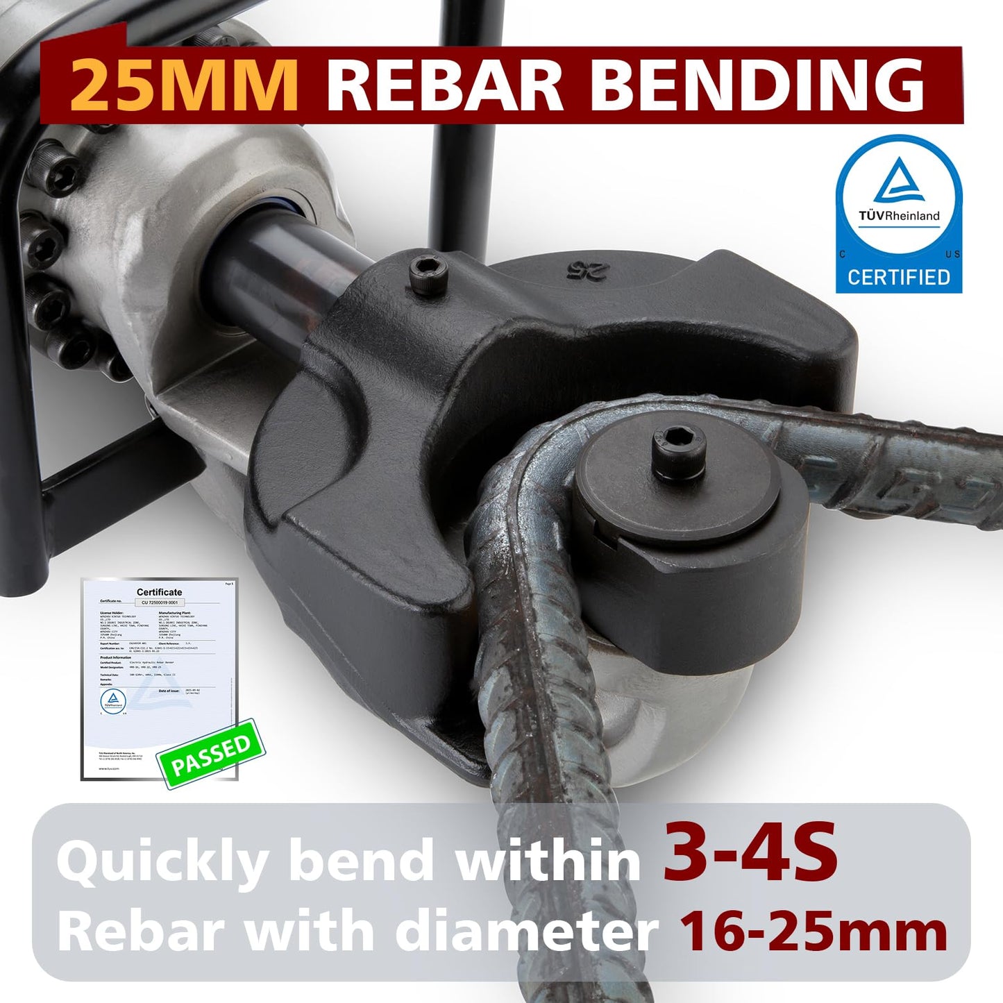 HUOTUO 1" Electric Hydraulic Rebar Bender [TÜV Rheinland North American Certificated] Portable Rebar Bender, Bend from 16-25mm Diameter Rebar Easily Bending Angle 180-60 Degrees for Construction HRB25