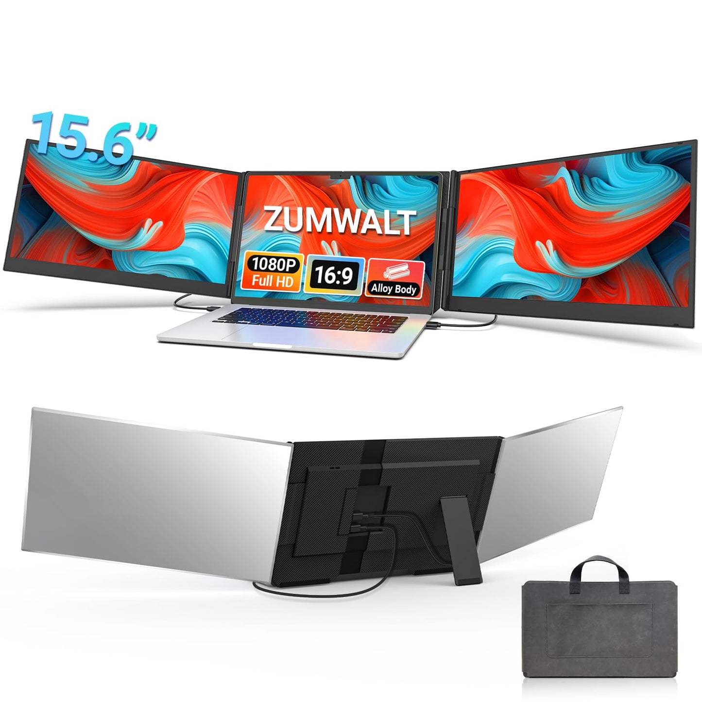 15.6" Laptop Screen Extender, 1080P FHD Triple Portable Monitor for Laptops, Ultra-Slim Travel Dual Monitor Fit for 13-17.3" Laptops, USB-C Plug&Play Extended Screen Compatible with Win/Mac/Android