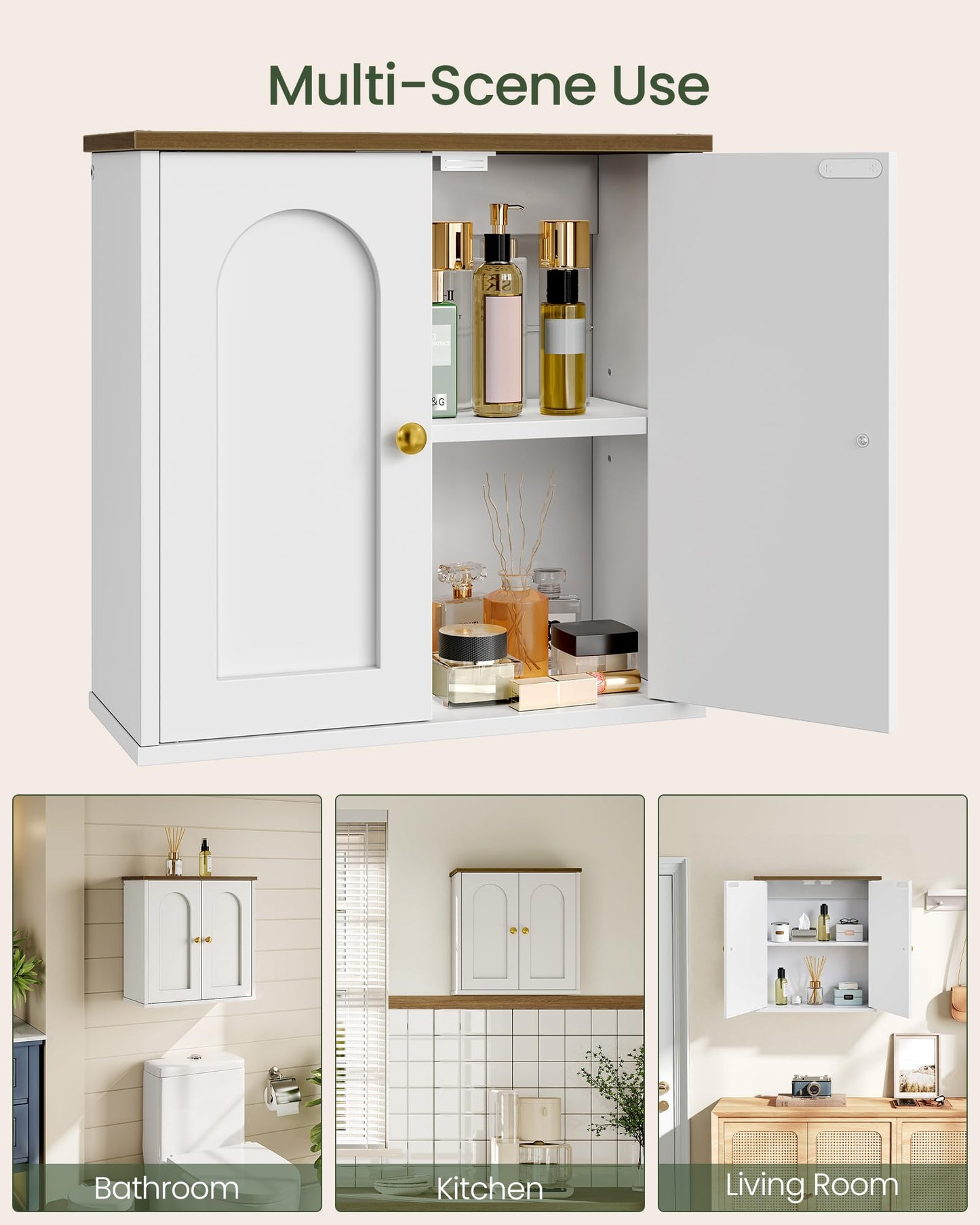 CHOEZON Bathroom Wall Cabinet, Medicine Cabinet with Adjustable Shelf, Modern Wall Cabinet with 2 Doors, Farmhouse Wall Mounted Storage Cabinet, for Bathroom, Living Room, Kitchen, White and Walnut
