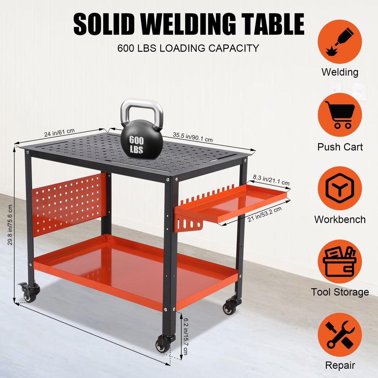 Portable Heavy Duty Welding Table – Steel Workbench Cart, 36"x24" Tabletop with 5/8" Holes, Tool Storage, Wheels & Brakes, Orange, for Shop or Garage