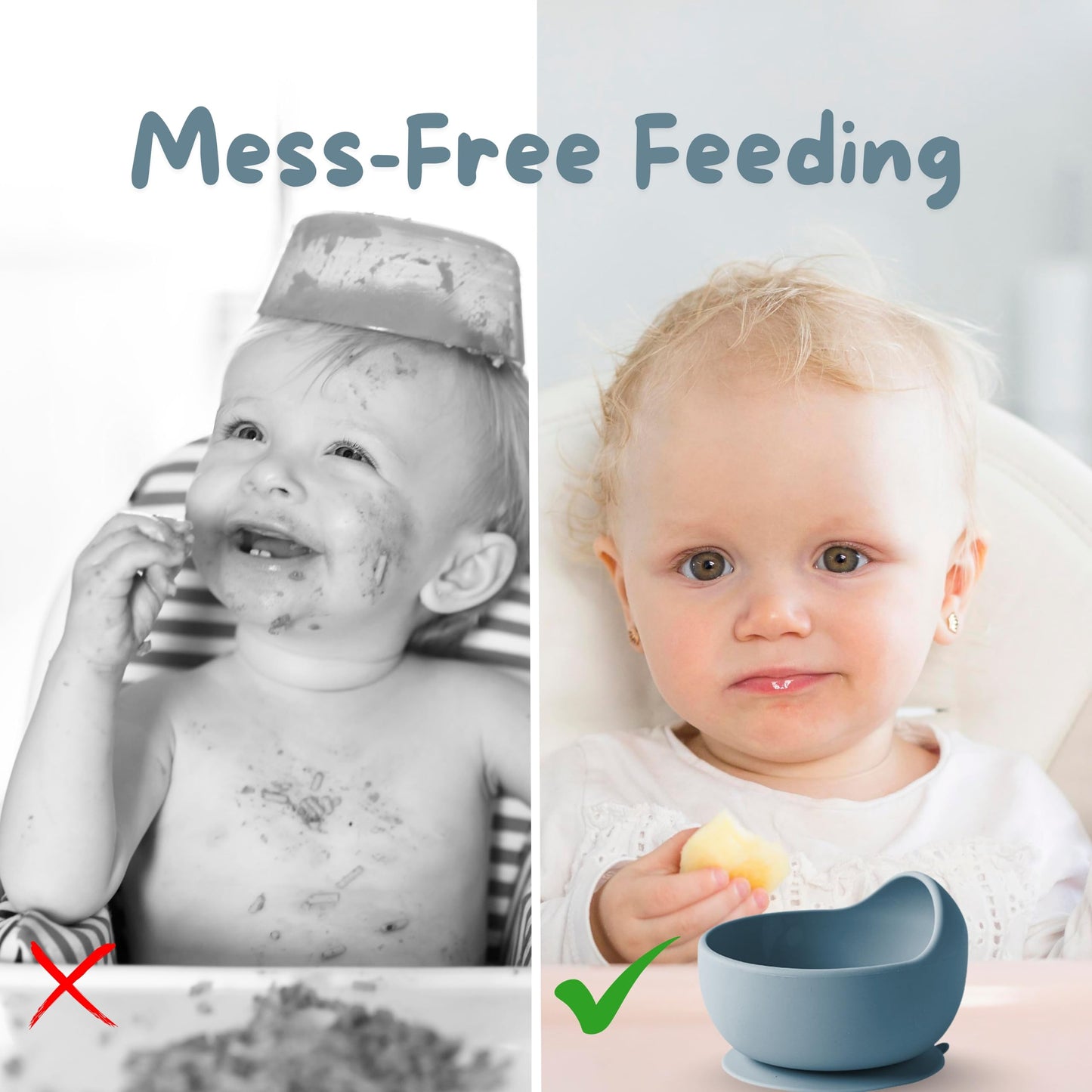 Silicone Baby Feeding Set 7-Piece Baby-Led Weaning Kit with Suction Plate & Bowl, Snack & Straw Cup with Handles, Bib & Utensils | BPA-Free, Microwave & Dishwasher Safe | Smoky Blue