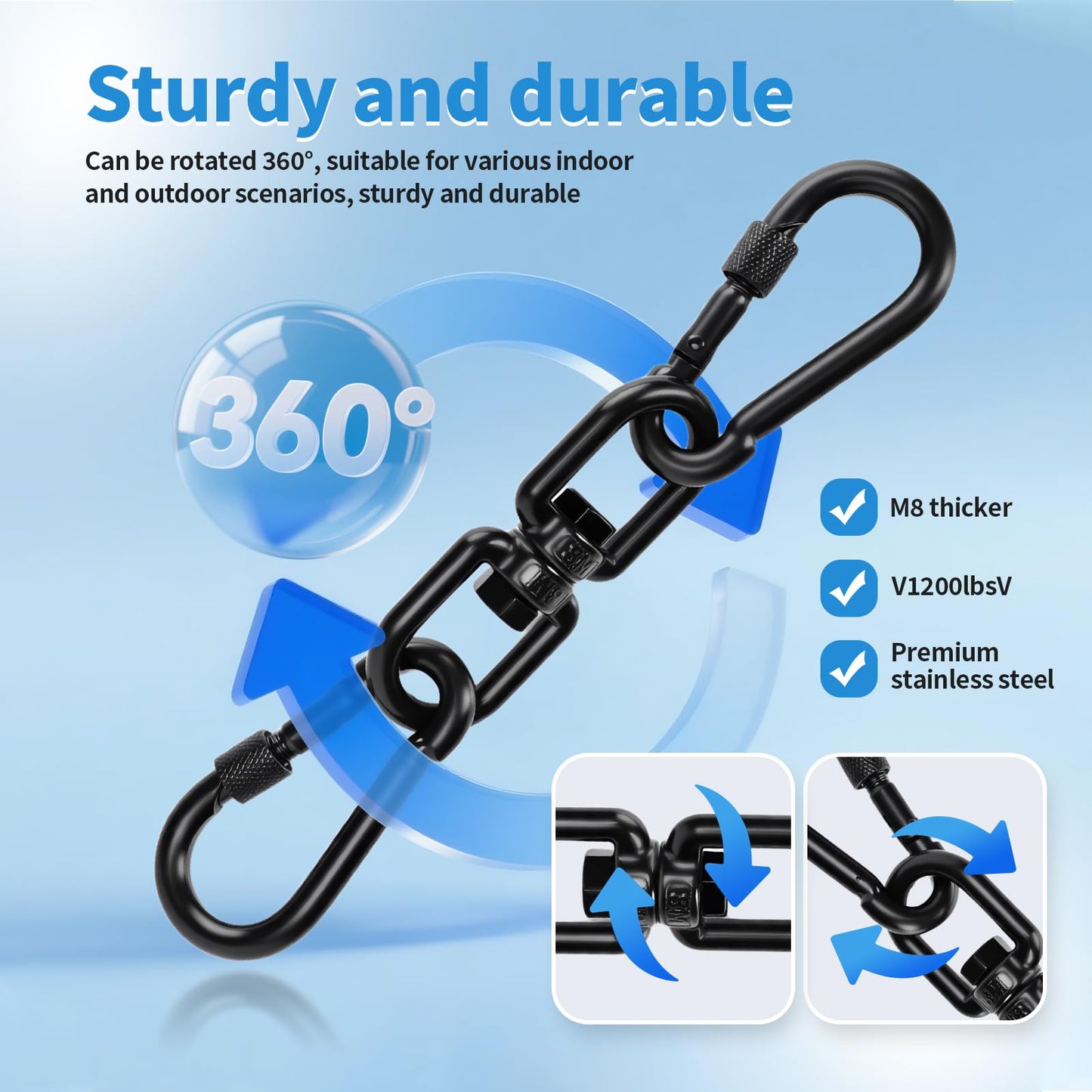 Aheucndg 1200 lb Capacity Heavy Duty Double Ended Eye Hook with Snap Hook, SUS304 Swivel Hooks 1Pack + Snap Hooks 2Pack, for Aerial Yoga, Hanging Hammock, Web Tree Swing, Swing Spinner M8